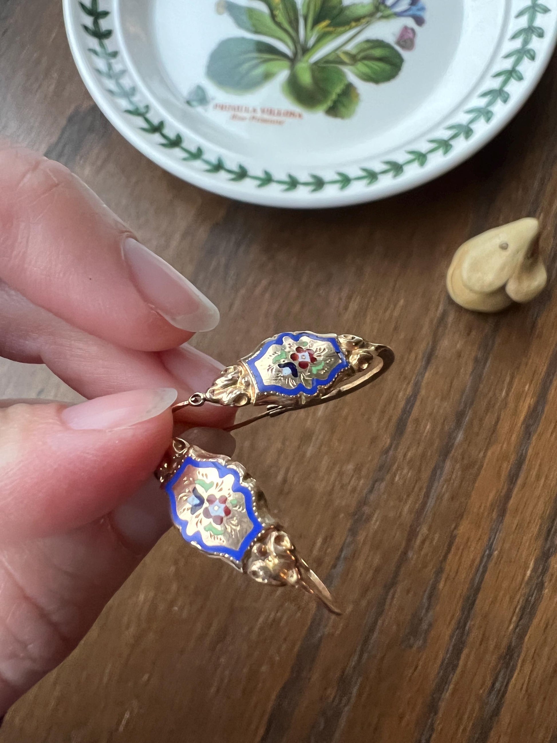 FLORAL Antique FRENCH Regional Enamel 18k Gold Poissarde Hoop Dangle EARRINGS Victorian Gift Belle Epoque Bridal Something Old & Blue