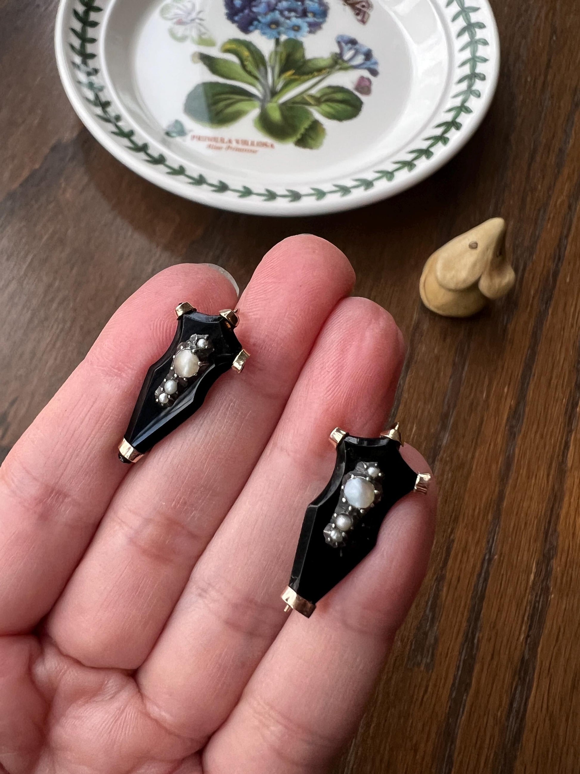 SHIELD Pearl Antique Victorian Art Nouveau Earrings 10k Rose Gold Silver Black Jet ? Onyx ? Mourning Dangle Dormeuse Drop Romantic Gift
