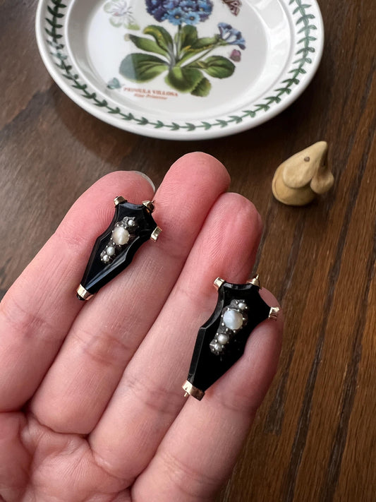 SHIELD Pearl Antique Victorian Art Nouveau Earrings 10k Rose Gold Silver Black Jet ? Onyx ? Mourning Dangle Dormeuse Drop Romantic Gift