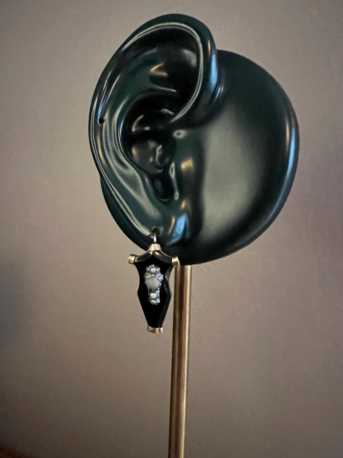 SHIELD Pearl Antique Victorian Art Nouveau Earrings 10k Rose Gold Silver Black Jet ? Onyx ? Mourning Dangle Dormeuse Drop Romantic Gift