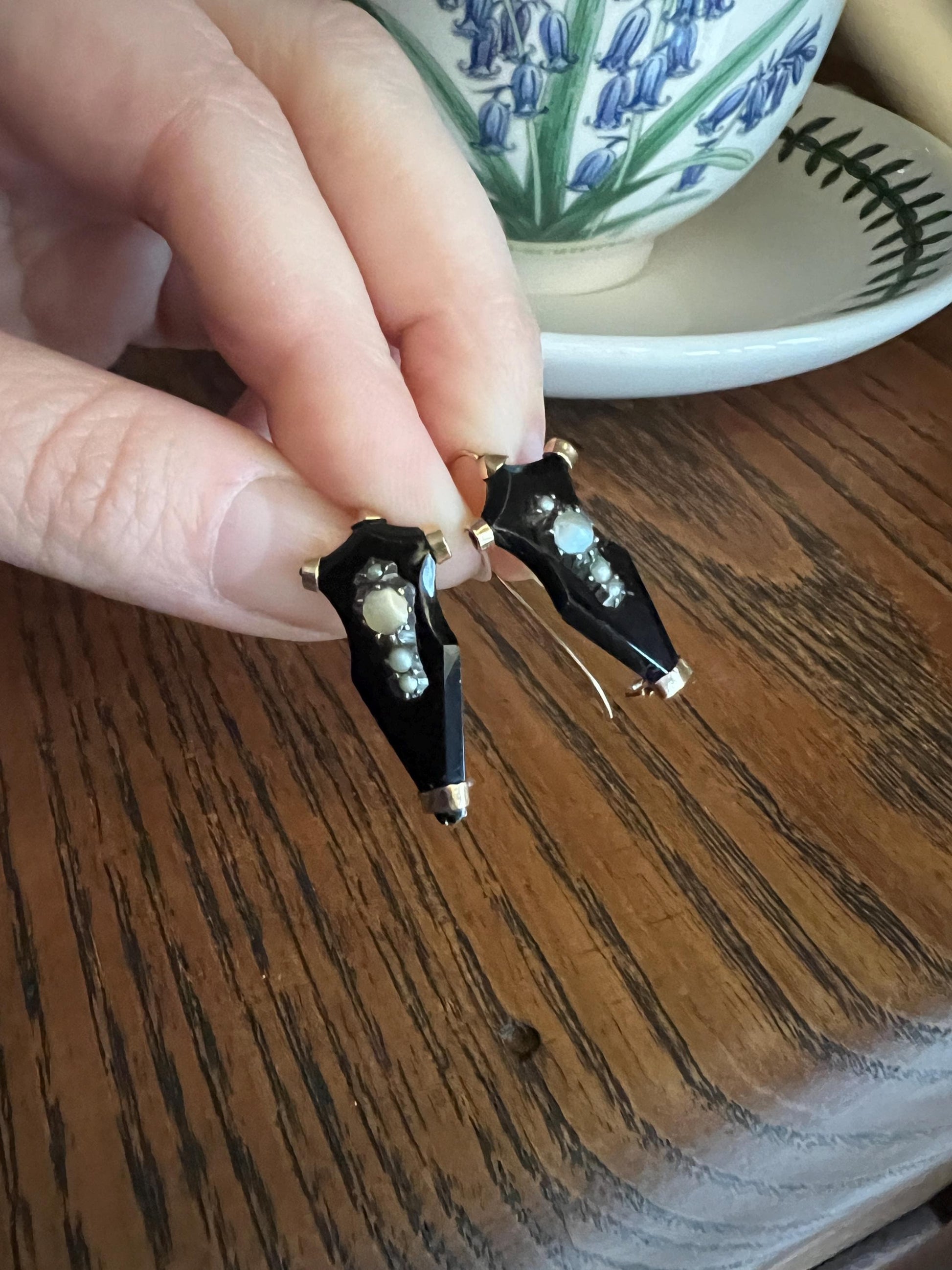SHIELD Pearl Antique Victorian Art Nouveau Earrings 10k Rose Gold Silver Black Jet ? Onyx ? Mourning Dangle Dormeuse Drop Romantic Gift