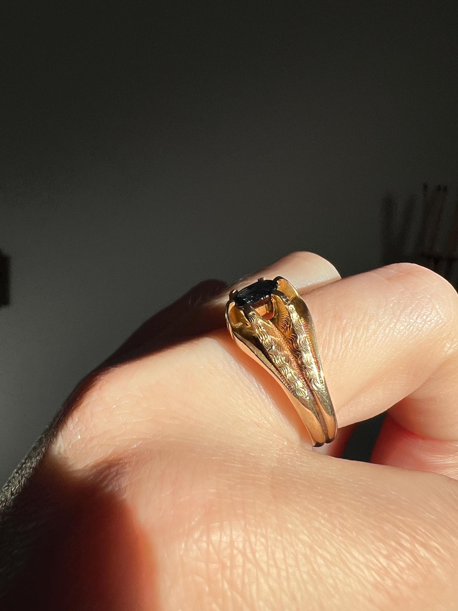 Antique VICTORIAN Natural SAPPHIRE 14k Gold Solitaire Ring Chunky Glowing Patina Blue Oval Prong Set Stacker Romantic Gift Unisex Unique Man