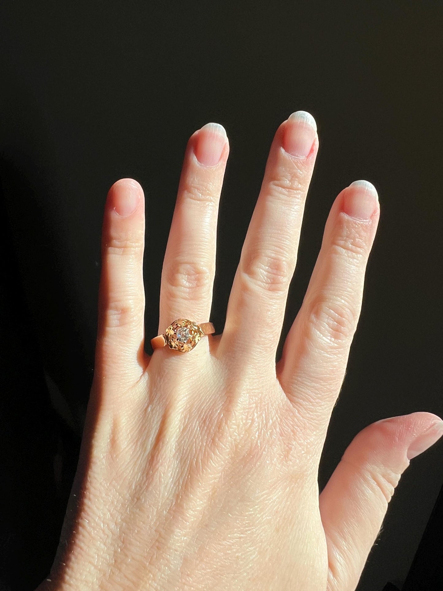 VICTORIAN Antique Old Mine Cut DIAMOND Engagement Ring 18k Rose Gold French Ornate Solitaire Fleur De Lis Chunky Basket Prongs Stacker Gift