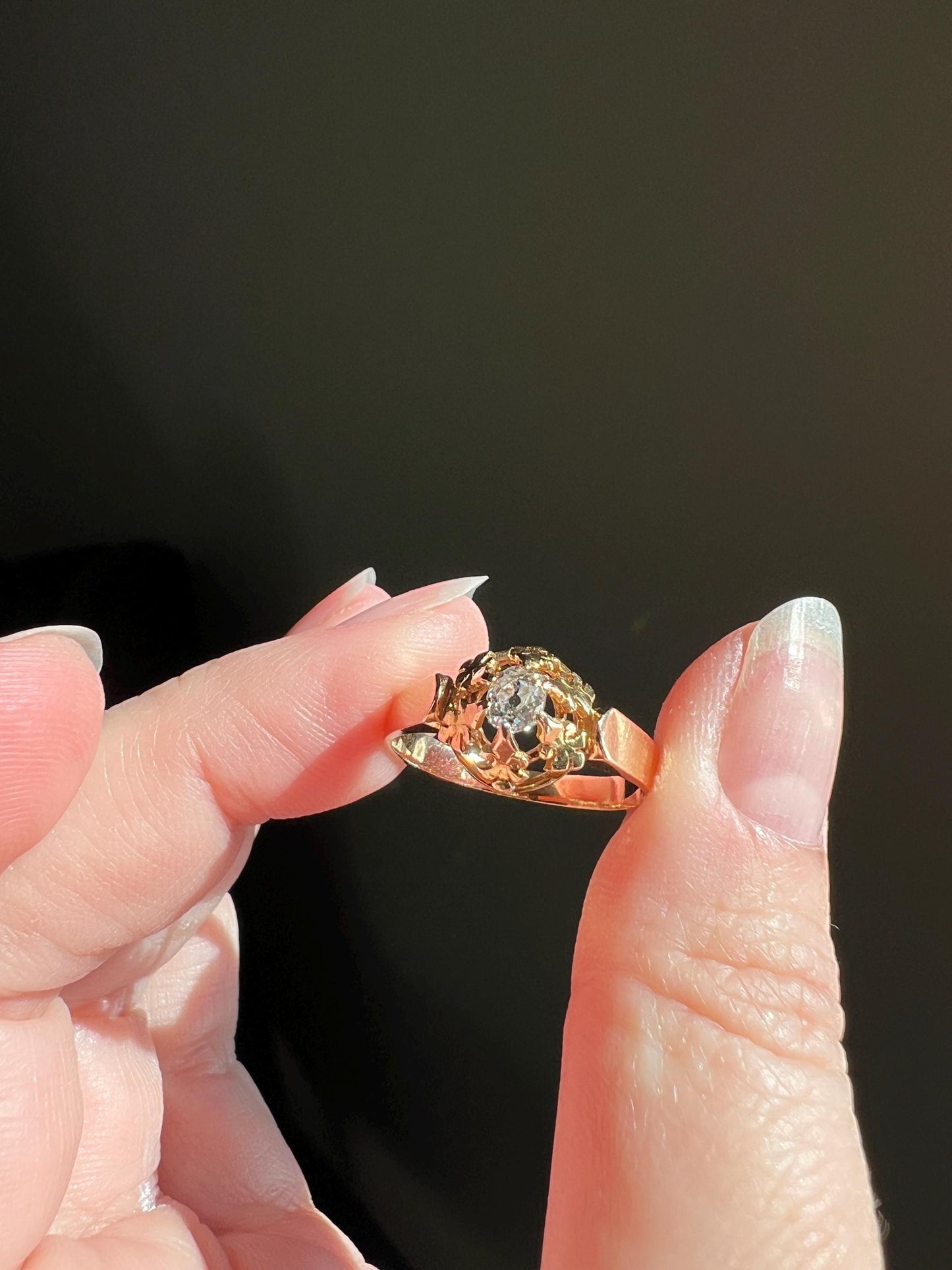 VICTORIAN Antique Old Mine Cut DIAMOND Engagement Ring 18k Rose Gold French Ornate Solitaire Fleur De Lis Chunky Basket Prongs Stacker Gift