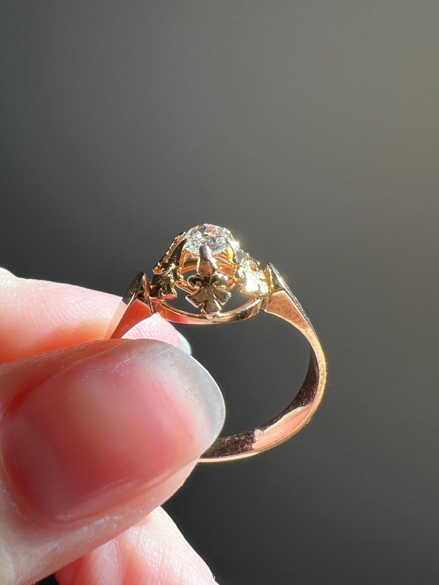 VICTORIAN Antique Old Mine Cut DIAMOND Engagement Ring 18k Rose Gold French Ornate Solitaire Fleur De Lis Chunky Basket Prongs Stacker Gift