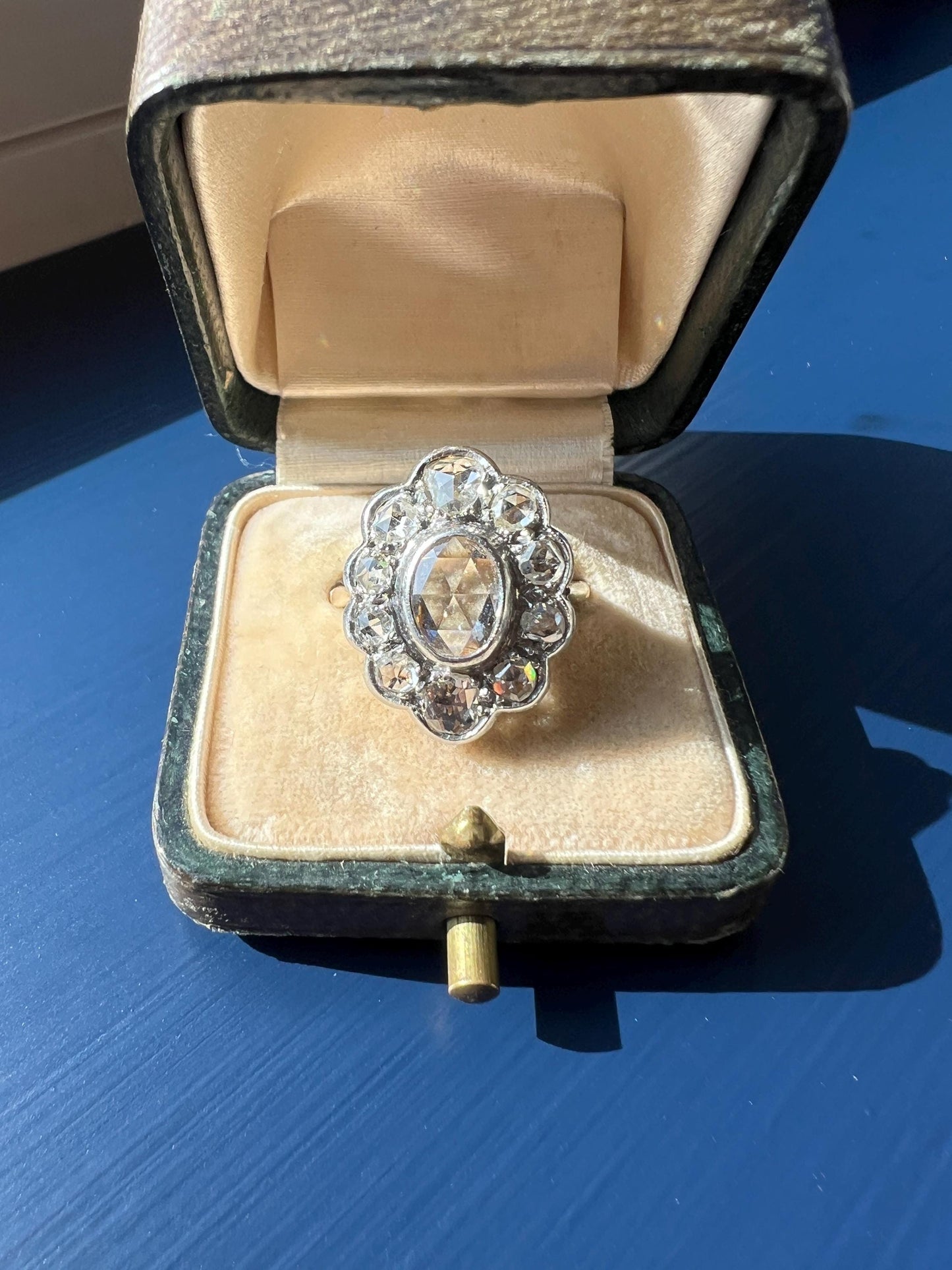 XL French Antique Open Back Oval Rose Cut DIAMOND Clear Disco Daisy Cluster Ring French Victorian 18k Gold Platinum Stacker Romantic Gift
