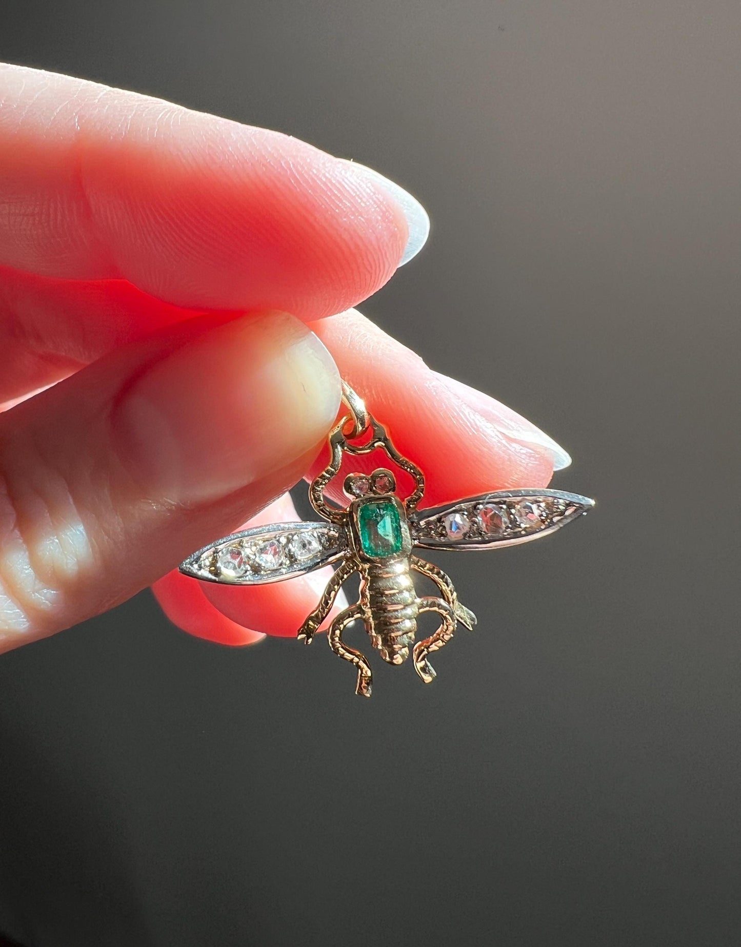 BUG Fly Bumblebee Bee French Antique Victorian Figural Pendant Emerald Rose Cut DIAMOND 18k Gold Silver Figural Wings Green Belle Epoque