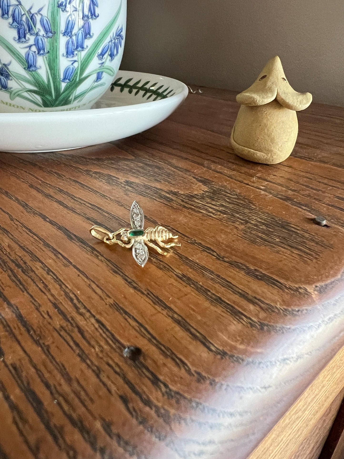 BUG Fly Bumblebee Bee French Antique Victorian Figural Pendant Emerald Rose Cut DIAMOND 18k Gold Silver Figural Wings Green Belle Epoque