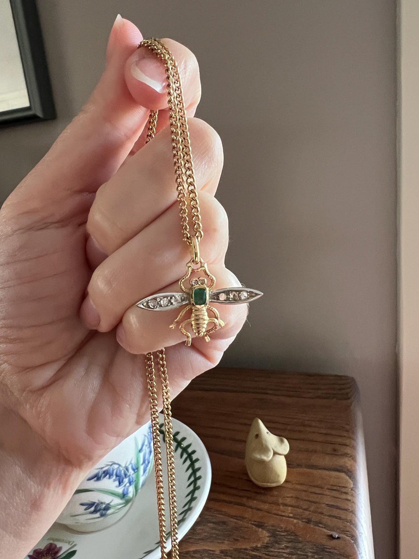 BUG Fly Bumblebee Bee French Antique Victorian Figural Pendant Emerald Rose Cut DIAMOND 18k Gold Silver Figural Wings Green Belle Epoque