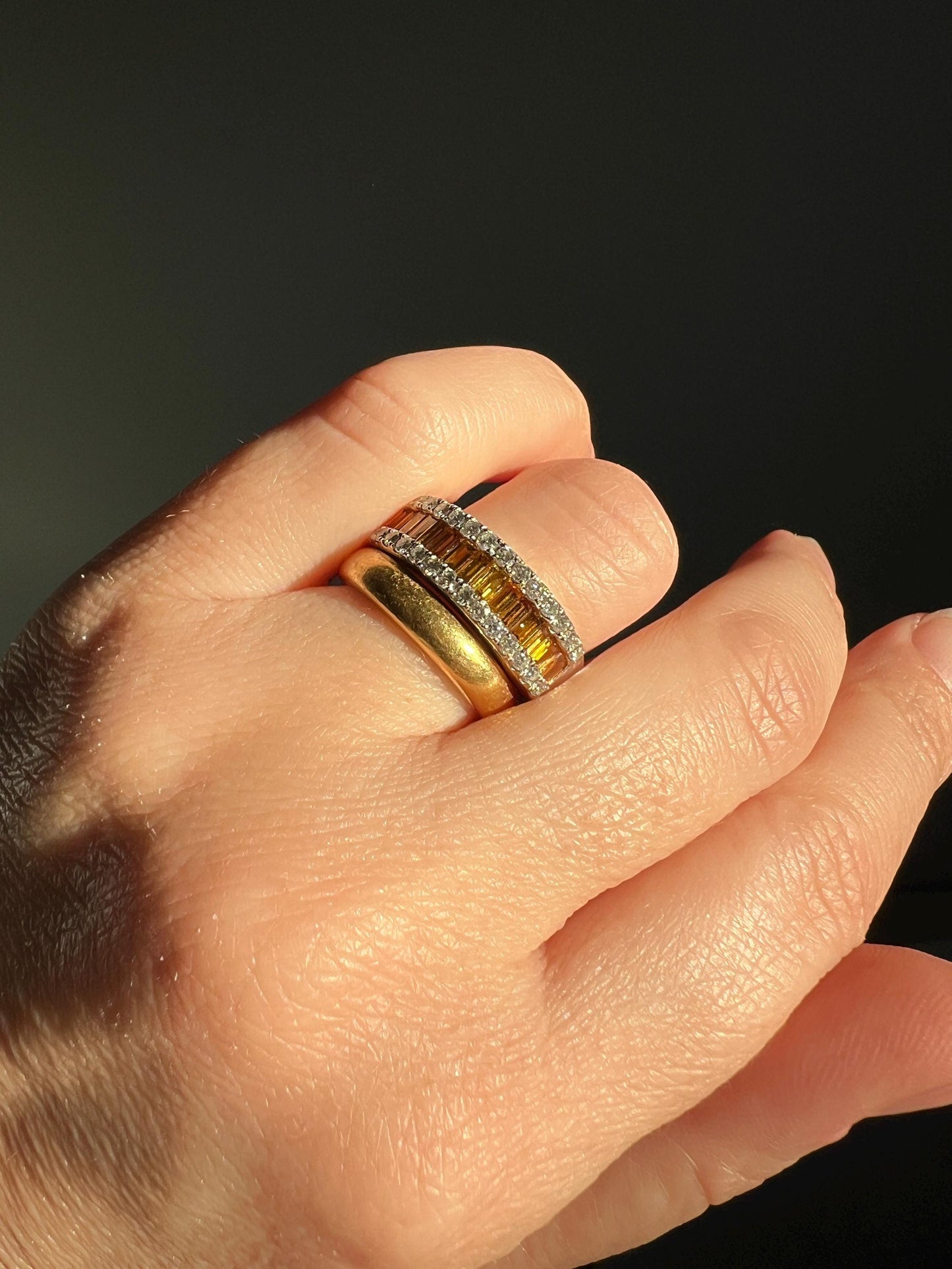 FANCY Intense YELLOW Orange & White 1.9 Carat DIAMOND 18k White Gold Ring Baguette Channel Set Band Half Hoop Linear Stacker Eternity 1.9ctw
