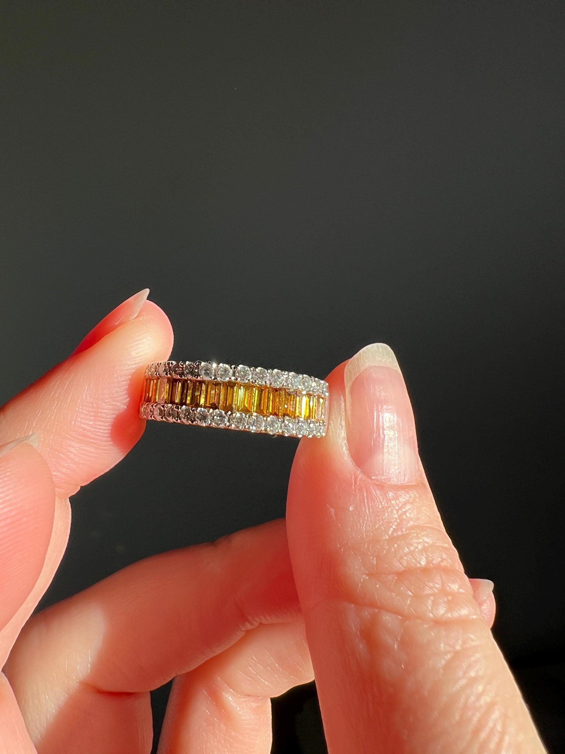 FANCY Intense YELLOW Orange & White 1.9 Carat DIAMOND 18k White Gold Ring Baguette Channel Set Band Half Hoop Linear Stacker Eternity 1.9ctw