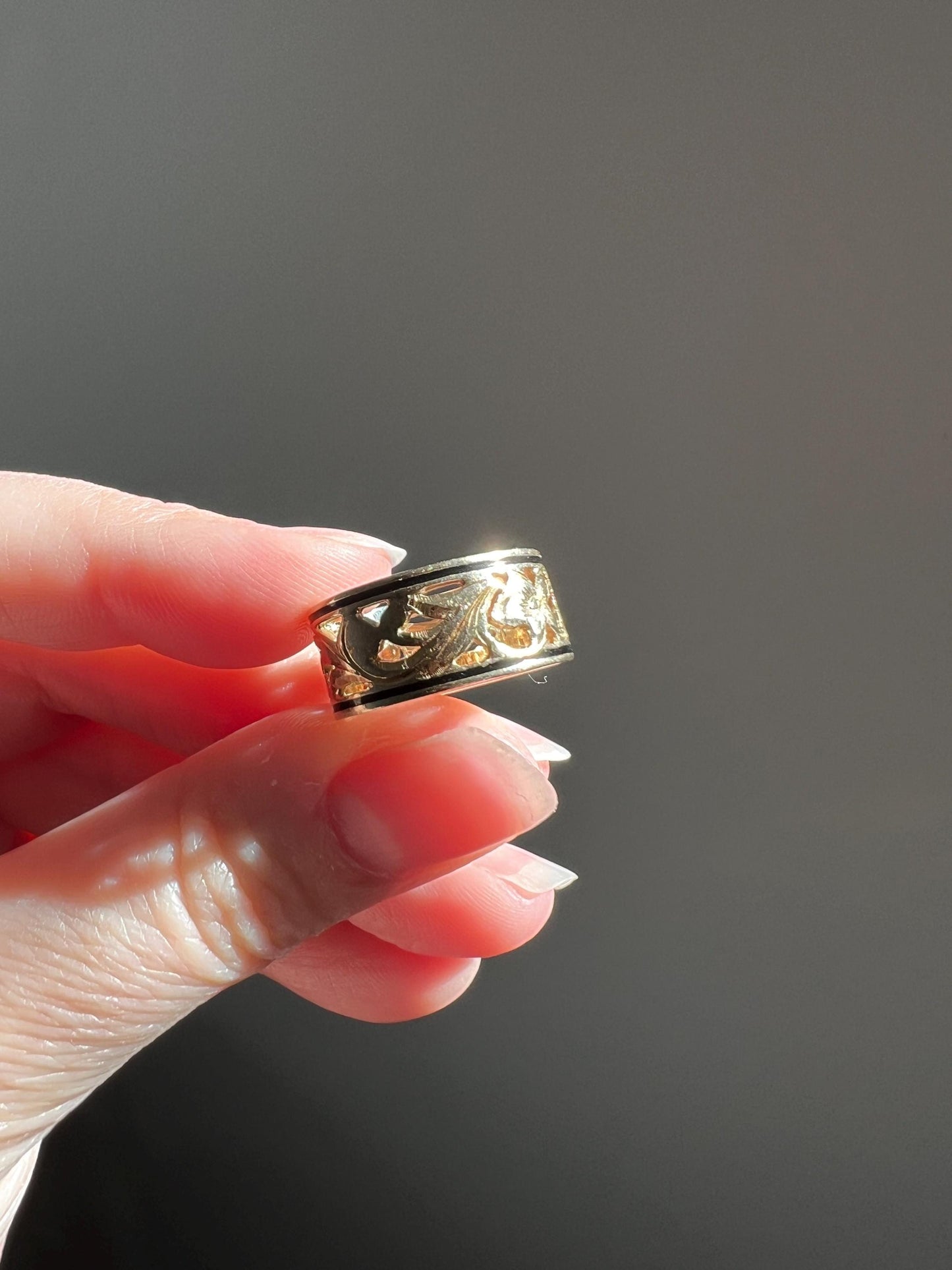 FORGET Me NOT Antique Orange Blossom Swirl Black Enamel Floral Cigar Band Eternity Ring 8.3mm Wide 14k Gold Wedding Romantic Gift Stacker