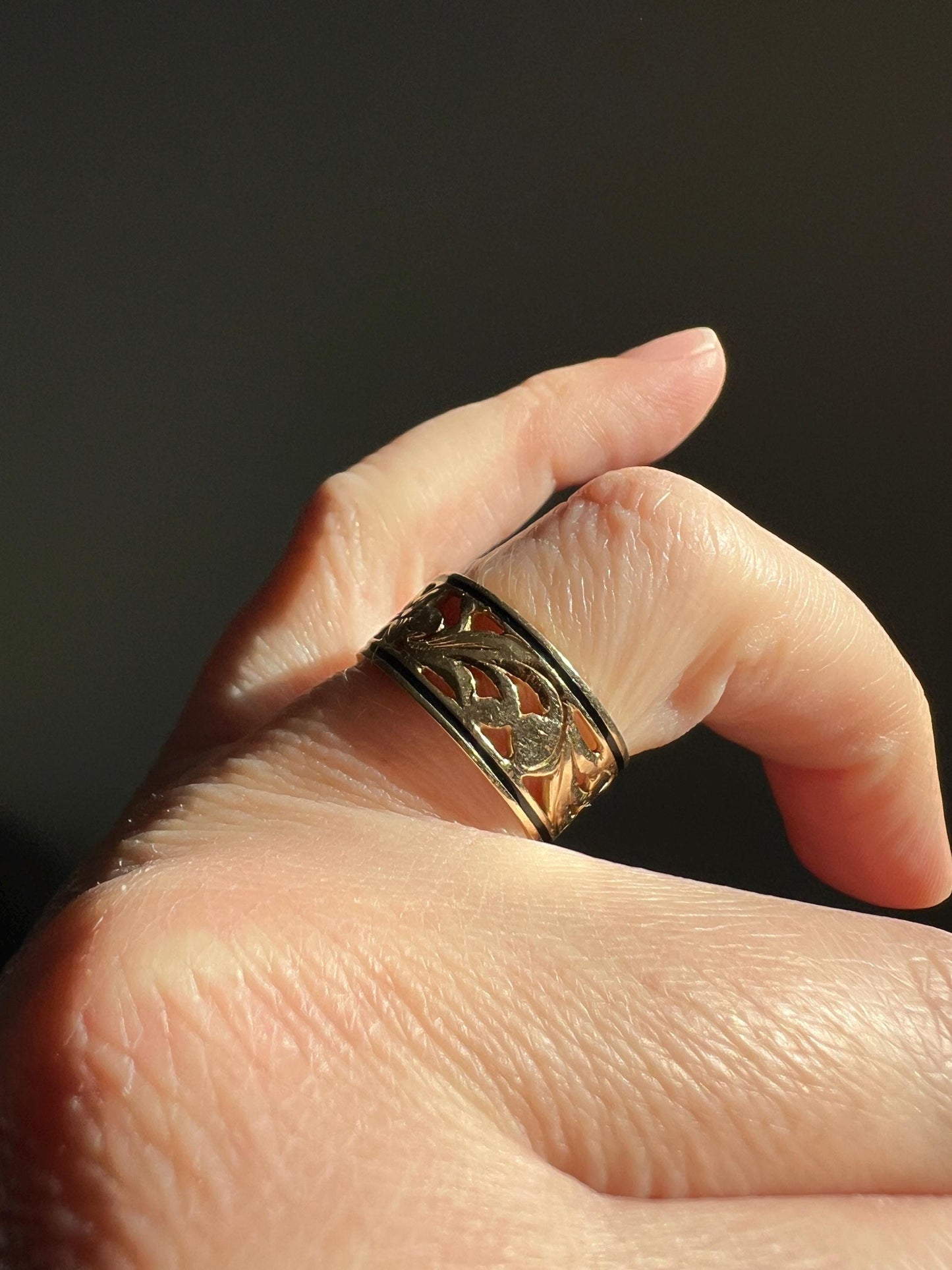 FORGET Me NOT Antique Orange Blossom Swirl Black Enamel Floral Cigar Band Eternity Ring 8.3mm Wide 14k Gold Wedding Romantic Gift Stacker