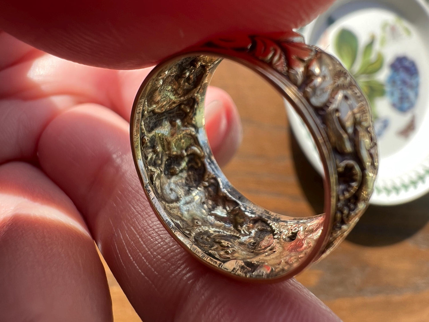 XL Antique FLORAL Embossed French Georgian Victorian Era Eternity Band 11mm Wide Ring 18k Gold Wedding Stacker Romantic Gift Flower Domed