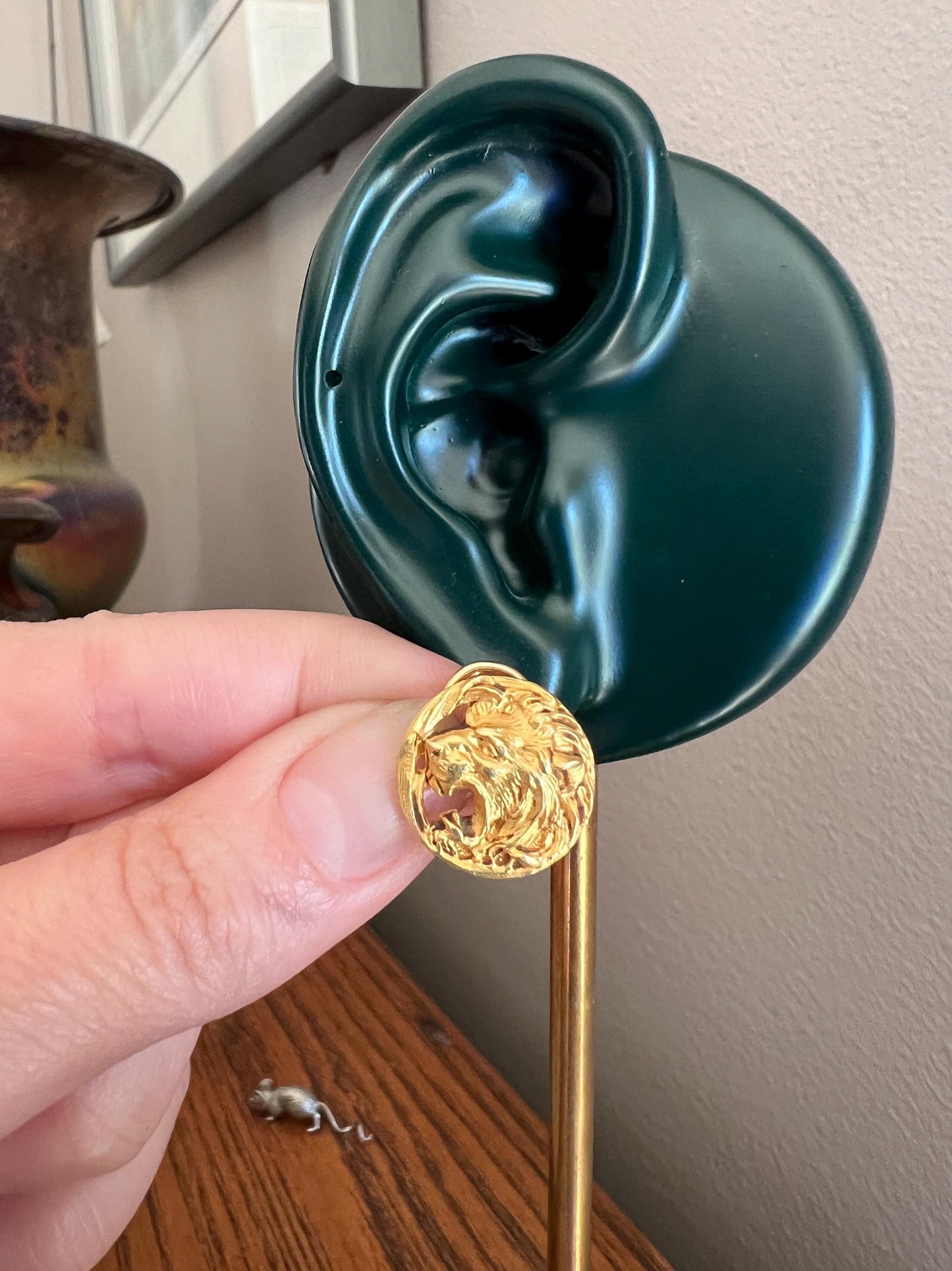 ROAR! Antique LION Figural Animal EARRINGS 8.8g 18k Gold Head Face Sturdy Clip On or Pendant Charm Studs French Vintage 3D Heavy Chunky Stud
