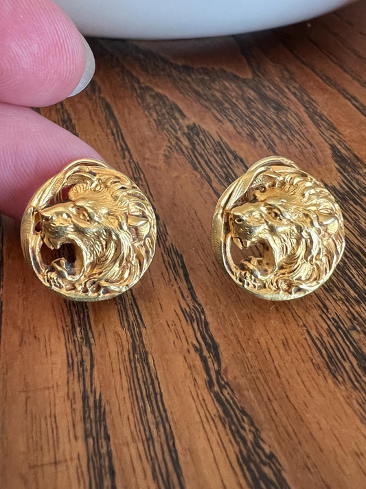 ROAR! Antique LION Figural Animal EARRINGS 8.8g 18k Gold Head Face Sturdy Clip On or Pendant Charm Studs French Vintage 3D Heavy Chunky Stud