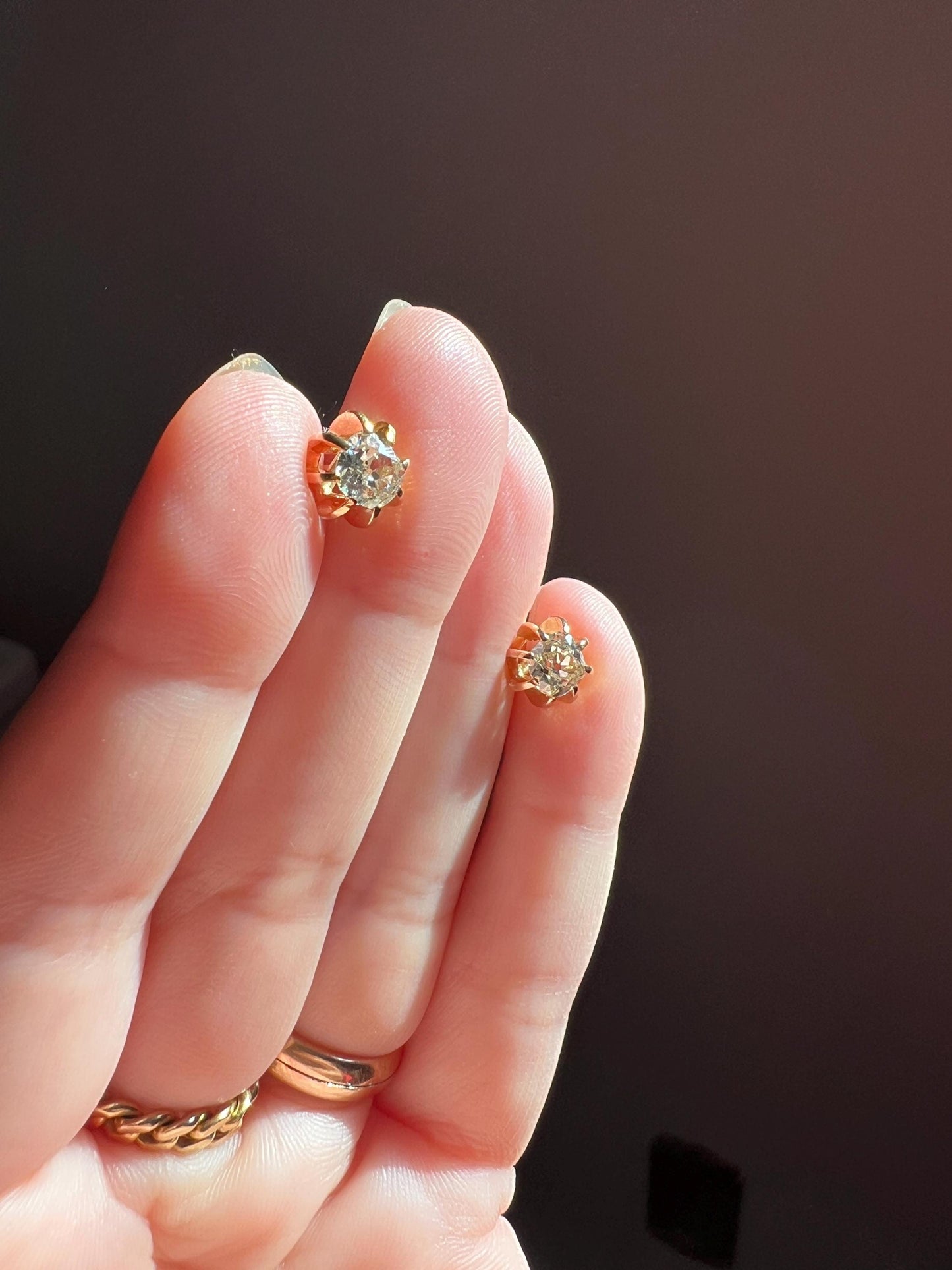 Antique Eye Clean One Carat Tdw Cushion Old Mine Cut DIAMOND Prong Stud Earrings French 18k Gold Romantic Gift 1Ct Earstack Belle Epoque OMC