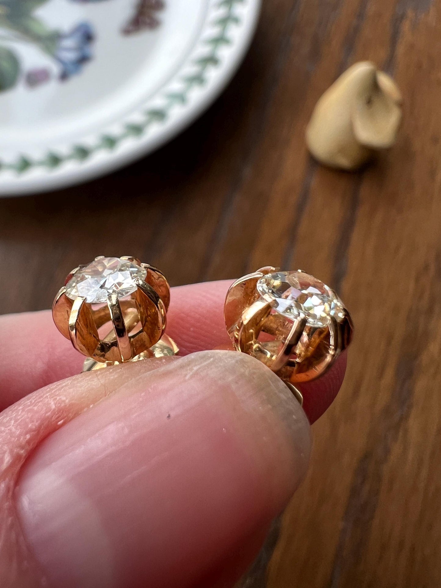 Antique Eye Clean One Carat Tdw Cushion Old Mine Cut DIAMOND Prong Stud Earrings French 18k Gold Romantic Gift 1Ct Earstack Belle Epoque OMC