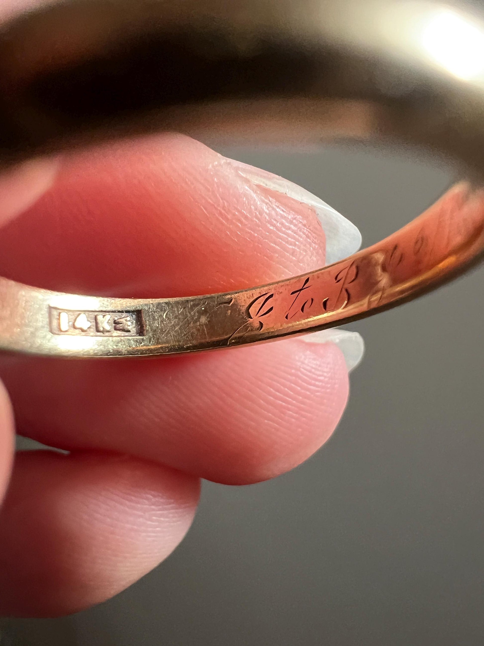 DATED 1911 Antique Edwardian 14k Gold Sz 5.75 Wedding Band Engraved CHARM Holder Ring JR Wood Rich Warm Patina Romantic Gift Stacker June