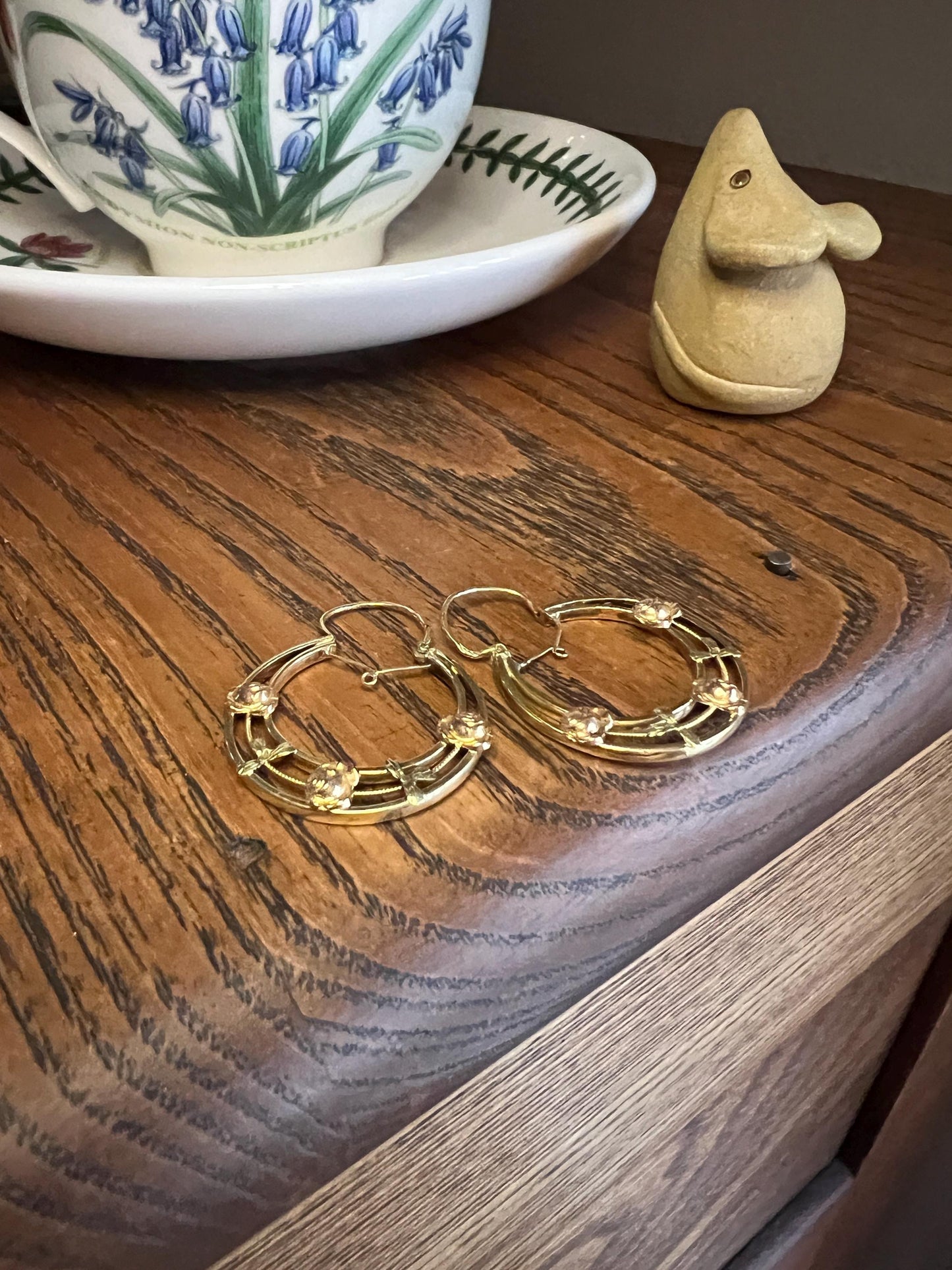 Floral French ANTIQUE CREOLE Hoop EARRINGS Tricolor 18k Gold Roses Dangle Shimmering Gypsy Belle Epoque Victorian Romantic Gift