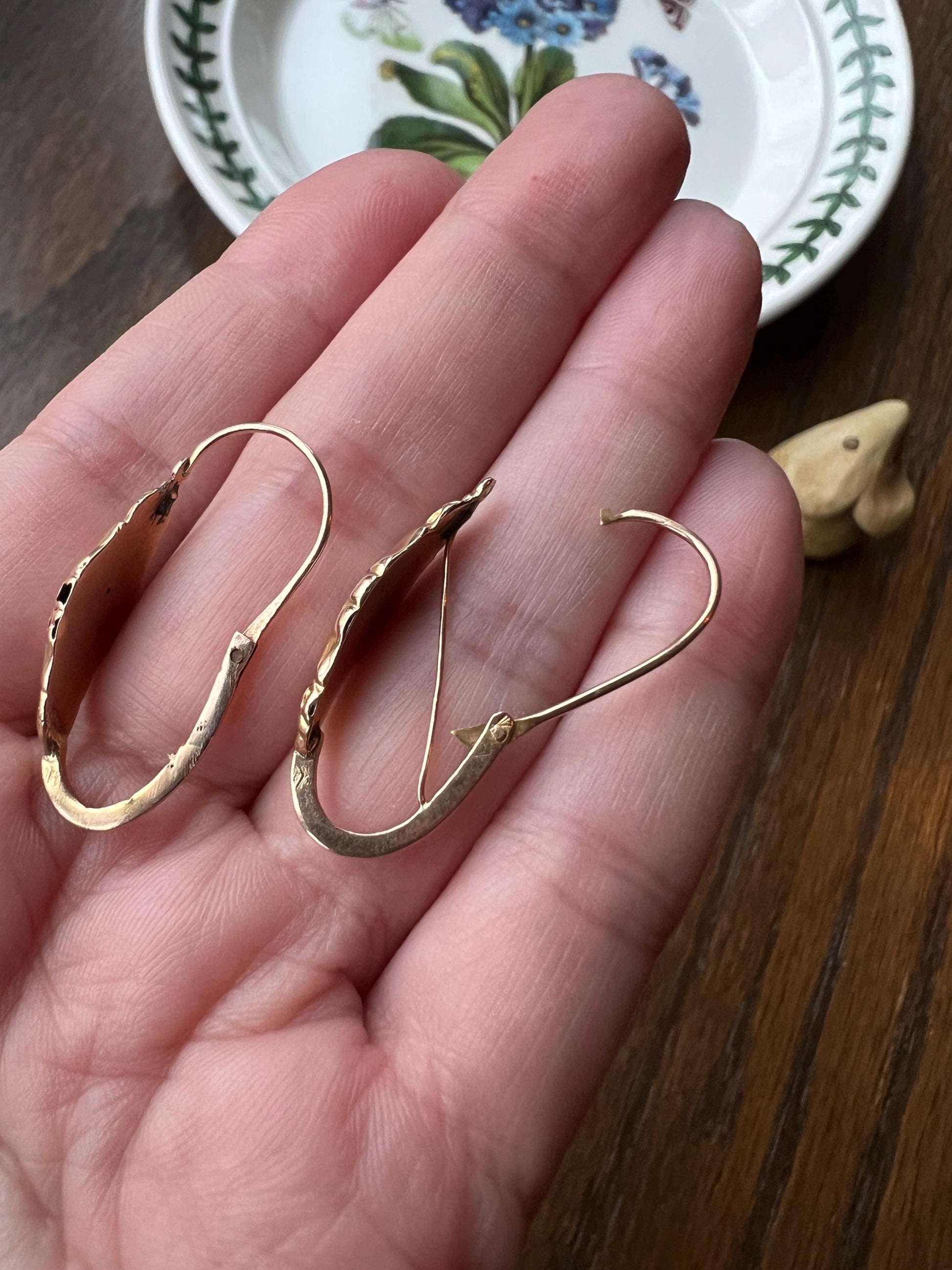 FLORAL Antique FRENCH Regional Enamel 18k Gold Poissarde Hoop Dangle EARRINGS Victorian Gift Belle Epoque Bridal Something Old & Blue