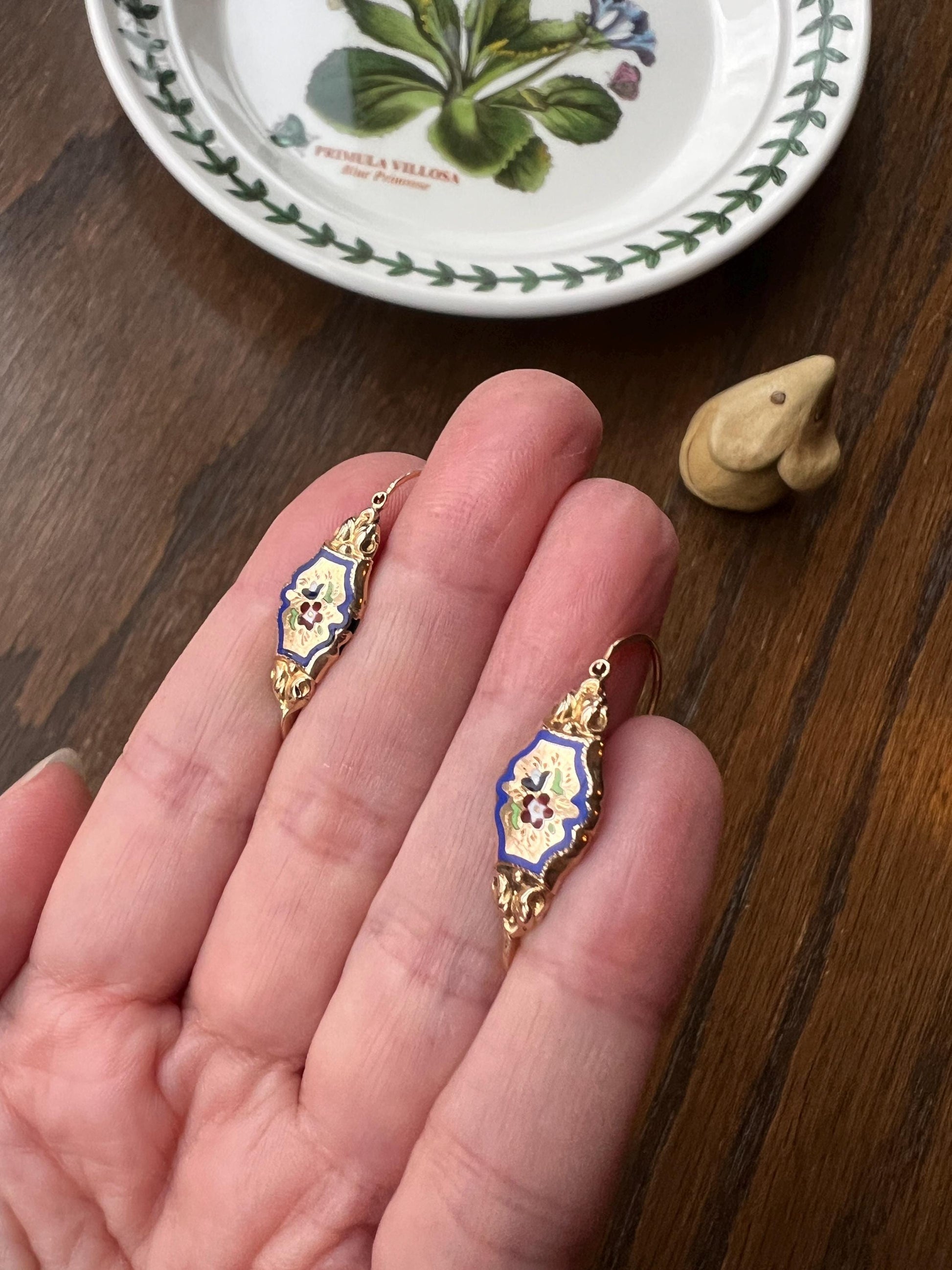 FLORAL Antique FRENCH Regional Enamel 18k Gold Poissarde Hoop Dangle EARRINGS Victorian Gift Belle Epoque Bridal Something Old & Blue