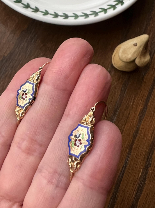 FLORAL Antique FRENCH Regional Enamel 18k Gold Poissarde Hoop Dangle EARRINGS Victorian Gift Belle Epoque