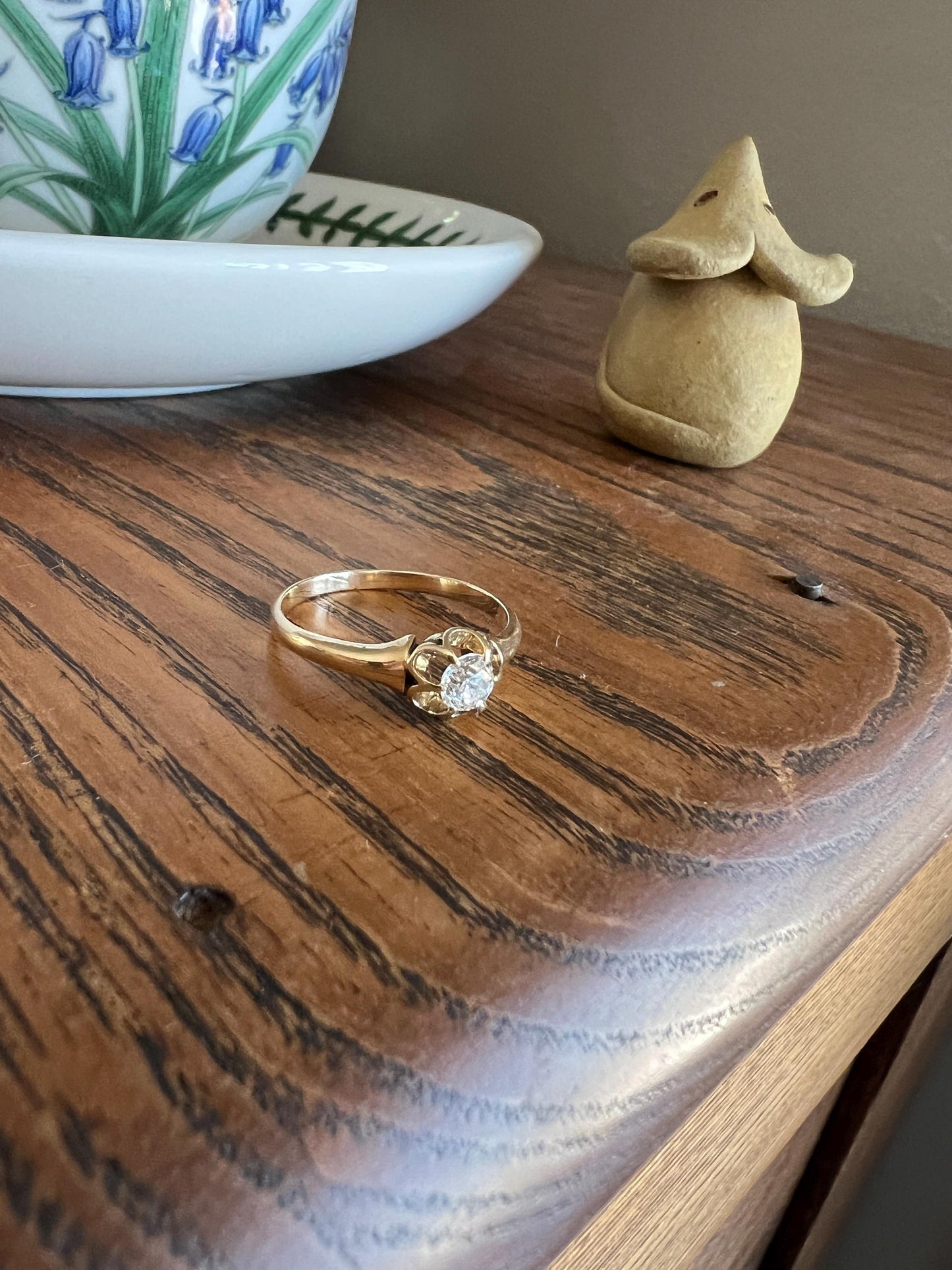 Antique 1/3 Carat Old Mine Cut DIAMOND Eye Clean 14k Gold Ring .33ct Engagement Solitaire Stacker Man Unisex Buttercup Belcher Romantic Gift