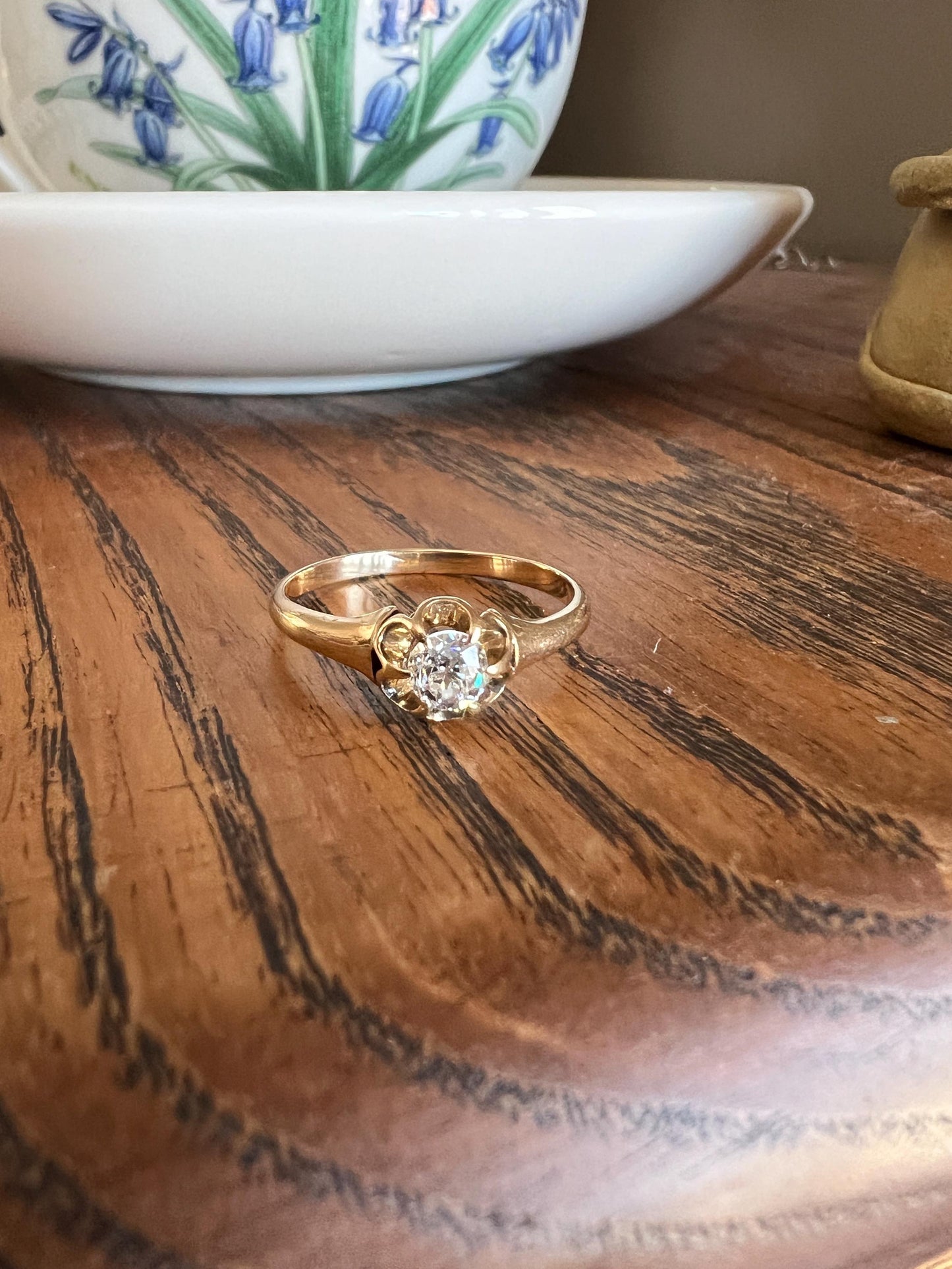 Antique 1/3 Carat Old Mine Cut DIAMOND Eye Clean 14k Gold Ring .33ct Engagement Solitaire Stacker Man Unisex Buttercup Belcher Romantic Gift