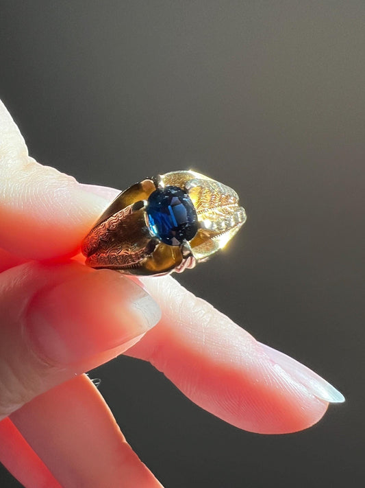 Antique VICTORIAN Natural SAPPHIRE 14k Gold Solitaire Ring Chunky Glowing Patina Blue Oval Prong Set Stacker Romantic Gift Unisex Unique Man