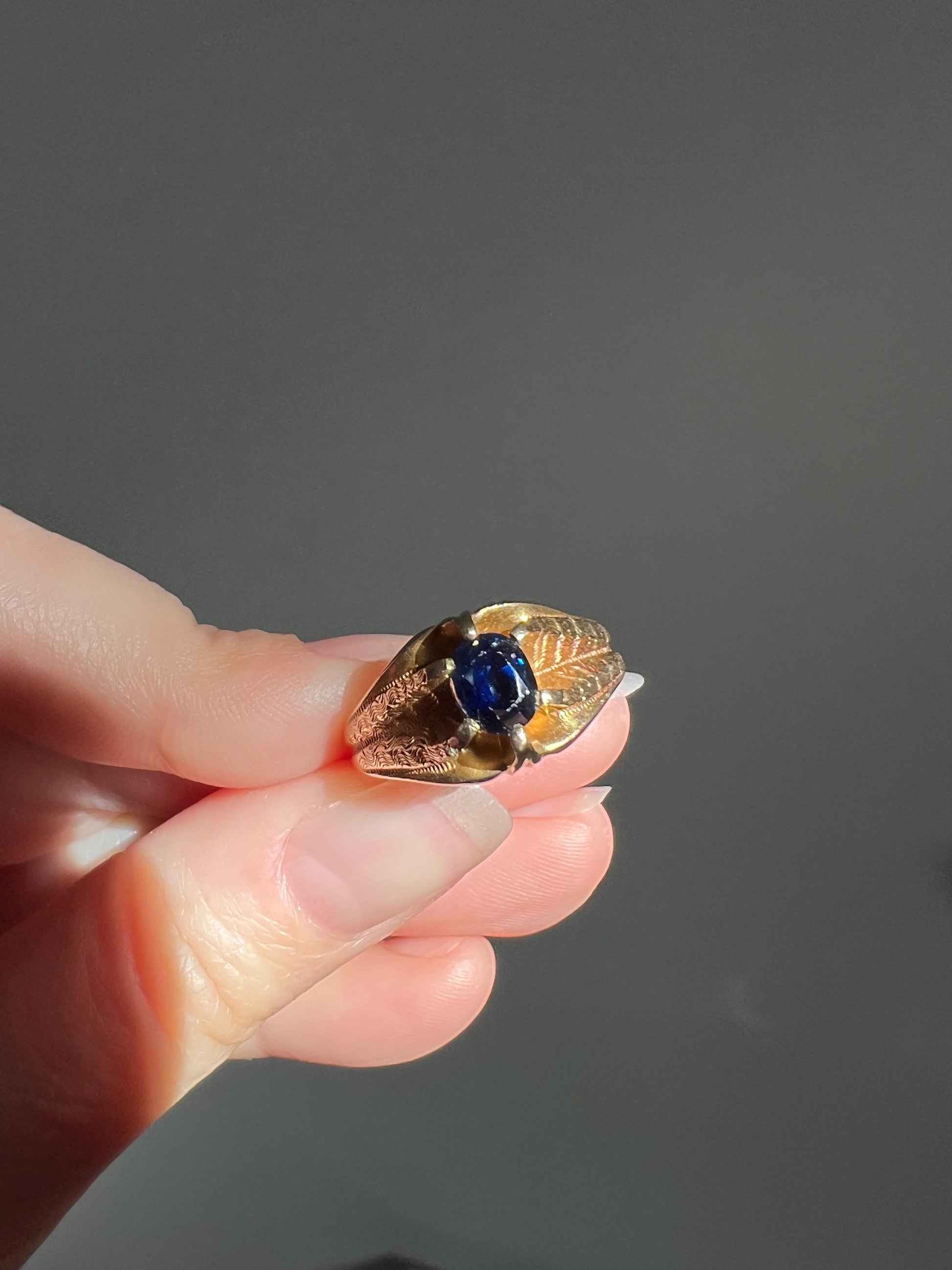 Antique VICTORIAN Natural SAPPHIRE 14k Gold Solitaire Ring Chunky Glowing Patina Blue Oval Prong Set Stacker Romantic Gift Unisex Unique Man