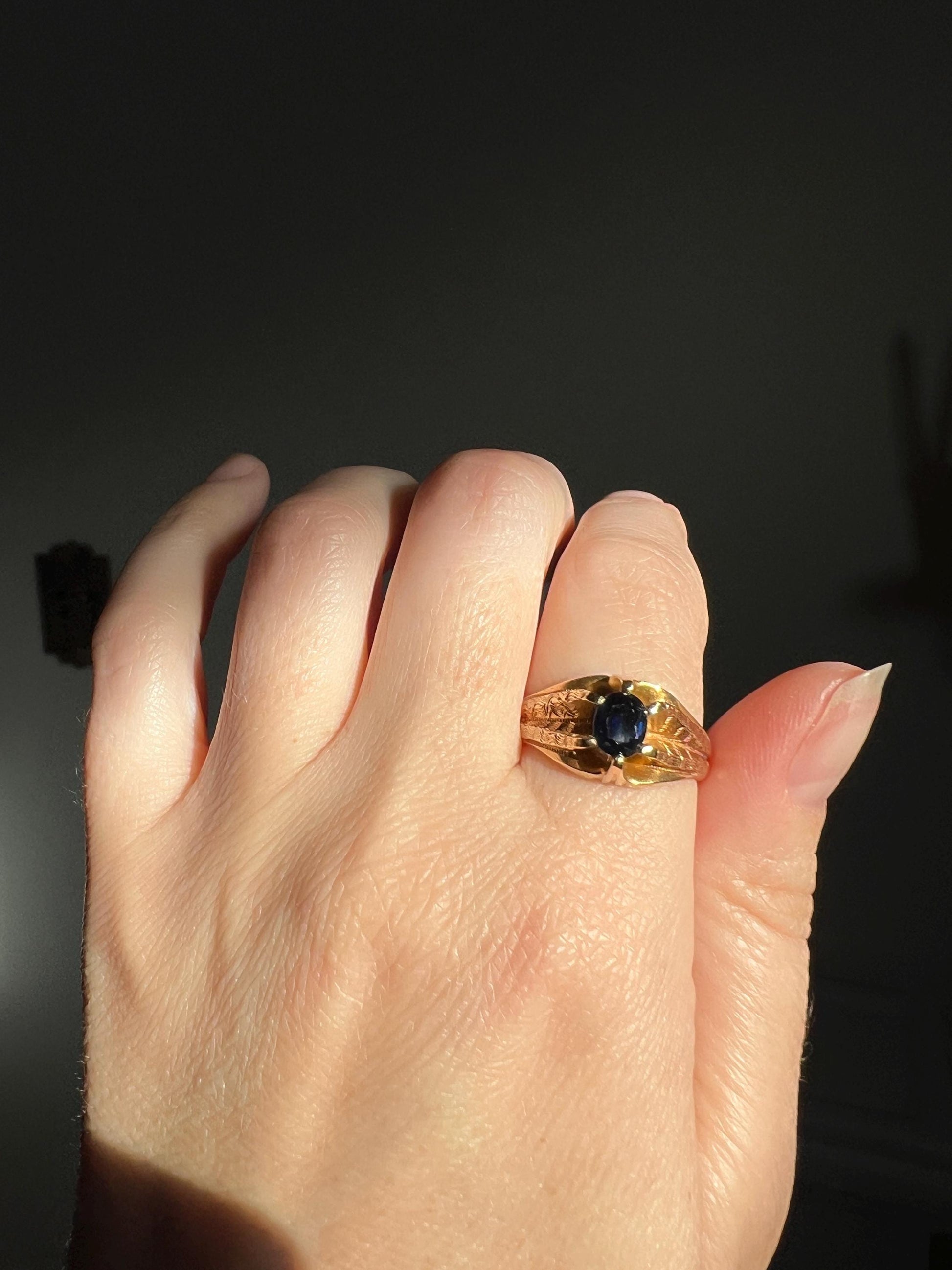 Antique VICTORIAN Natural SAPPHIRE 14k Gold Solitaire Ring Chunky Glowing Patina Blue Oval Prong Set Stacker Romantic Gift Unisex Unique Man