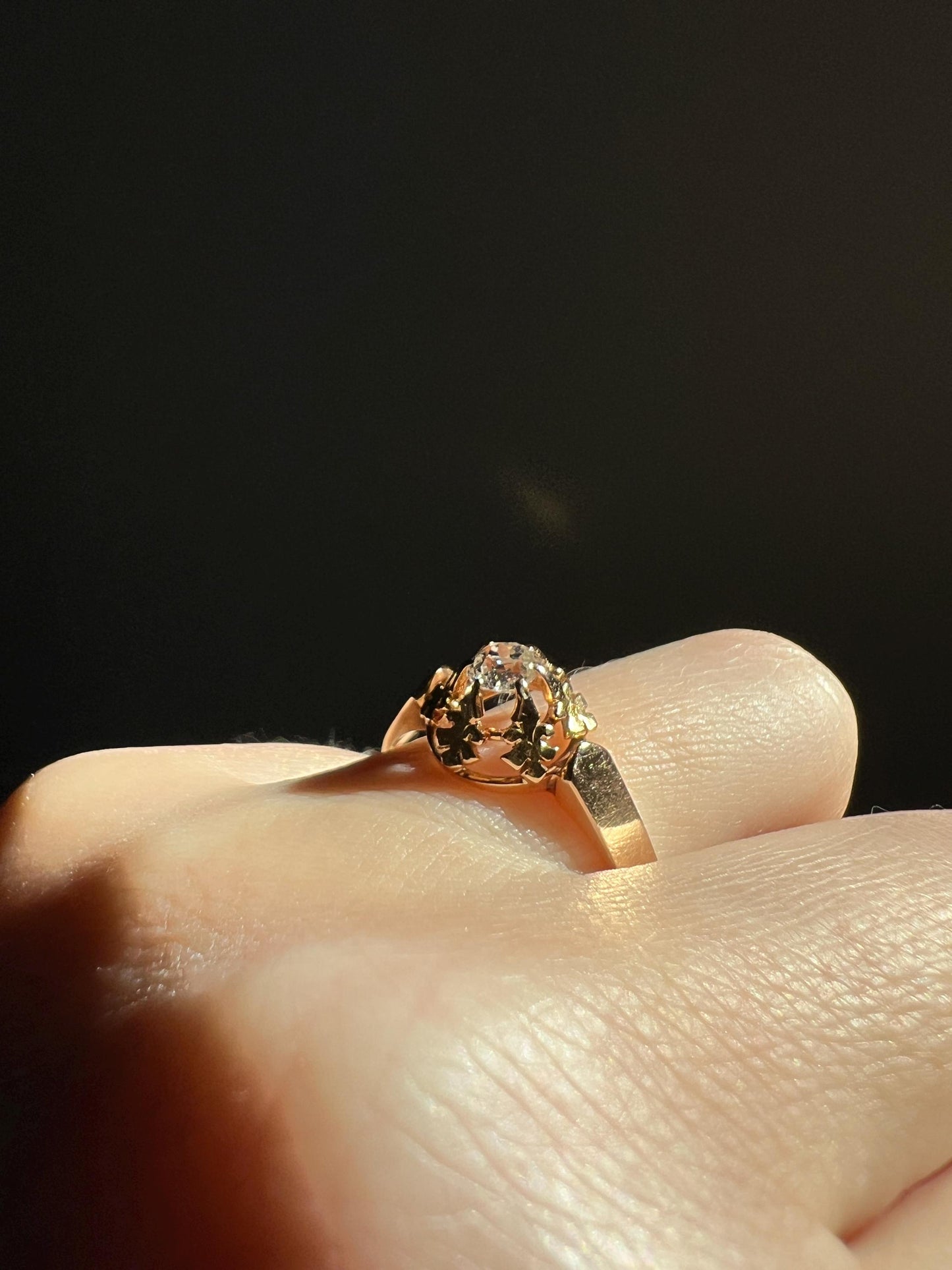 VICTORIAN Antique Old Mine Cut DIAMOND Engagement Ring 18k Rose Gold French Ornate Solitaire Fleur De Lis Chunky Basket Prongs Stacker Gift