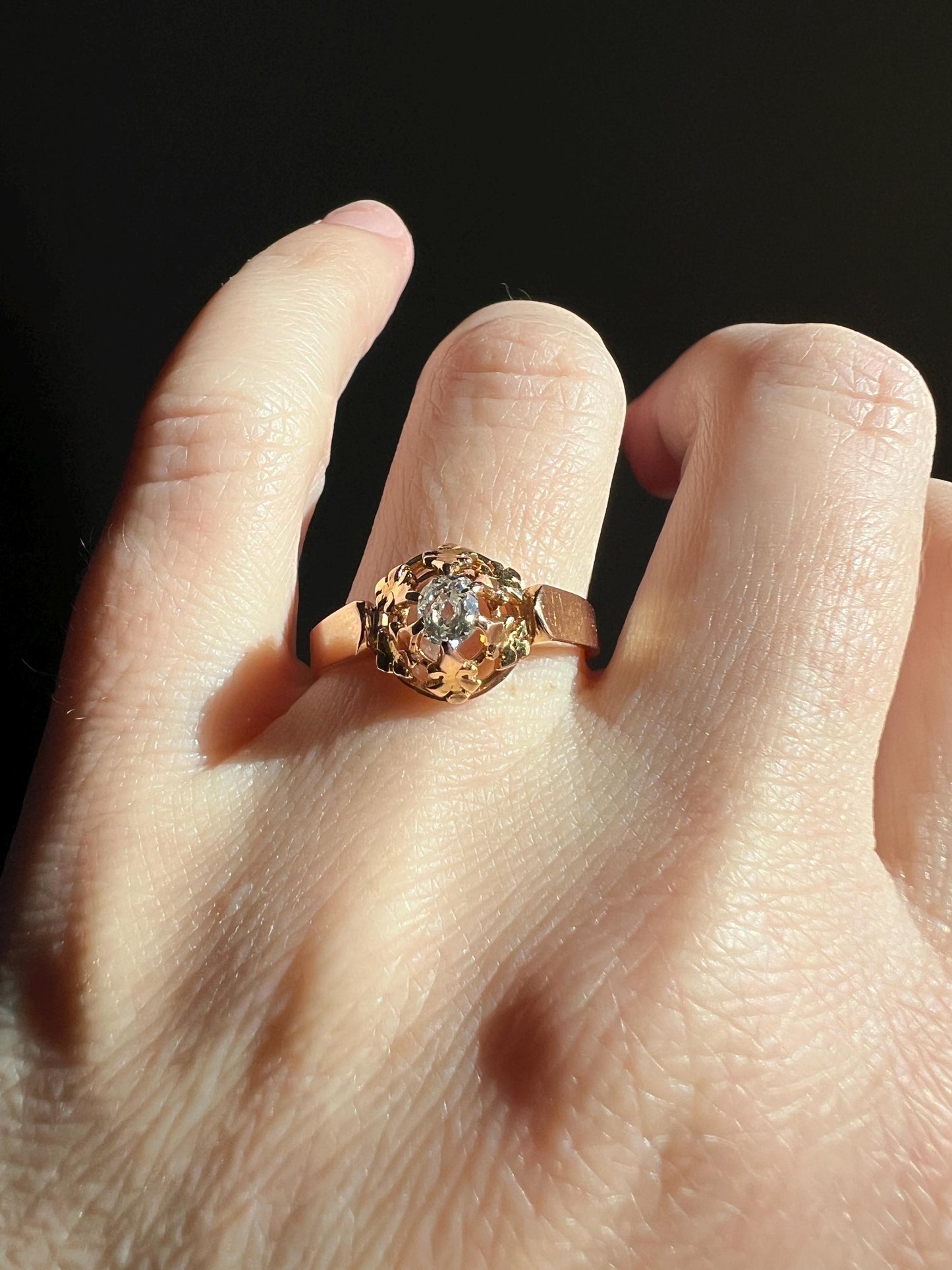 VICTORIAN Antique Old Mine Cut DIAMOND Engagement Ring 18k Rose Gold French Ornate Solitaire Fleur De Lis Chunky Basket Prongs Stacker Gift