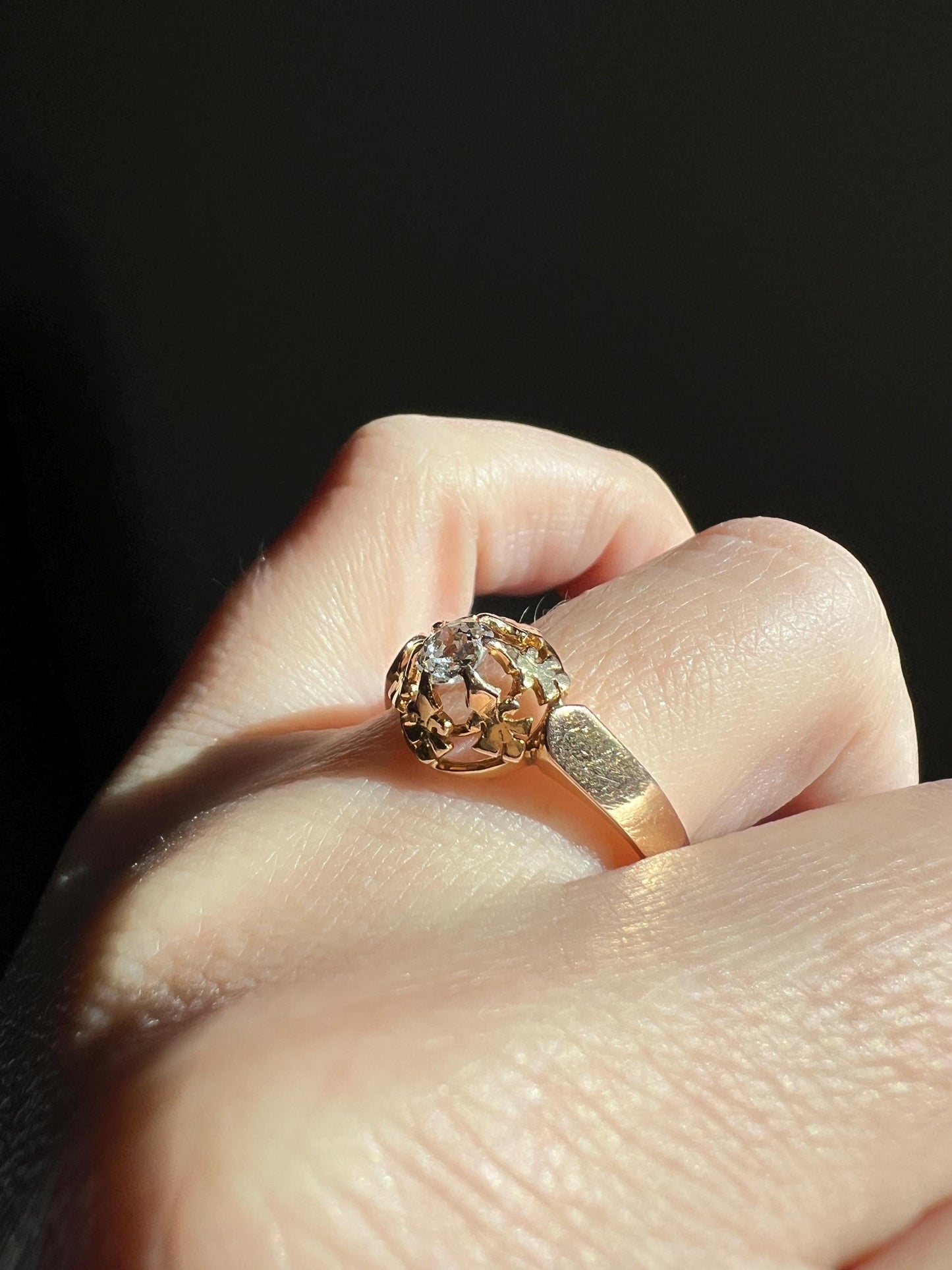 VICTORIAN Antique Old Mine Cut DIAMOND Engagement Ring 18k Rose Gold French Ornate Solitaire Fleur De Lis Chunky Basket Prongs Stacker Gift