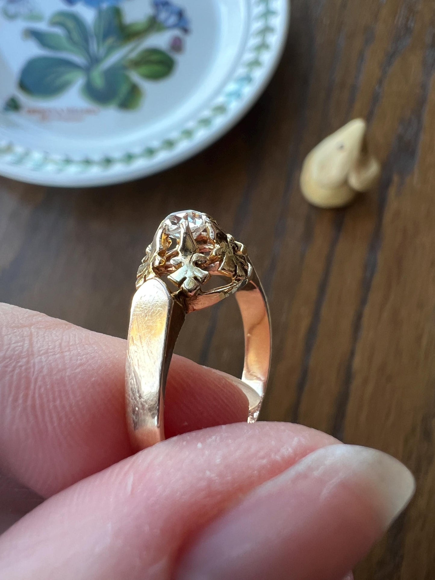 VICTORIAN Antique Old Mine Cut DIAMOND Engagement Ring 18k Rose Gold French Ornate Solitaire Fleur De Lis Chunky Basket Prongs Stacker Gift