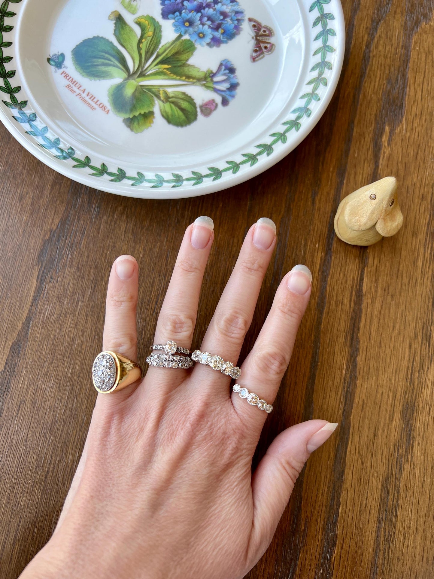 Antique One Carat Champagne White Old Mine Cut DIAMOND 18k Gold Platinum Five Stone Ring Bezel Set Band Romantic Gift Stacker Warm 1Ctw OMC