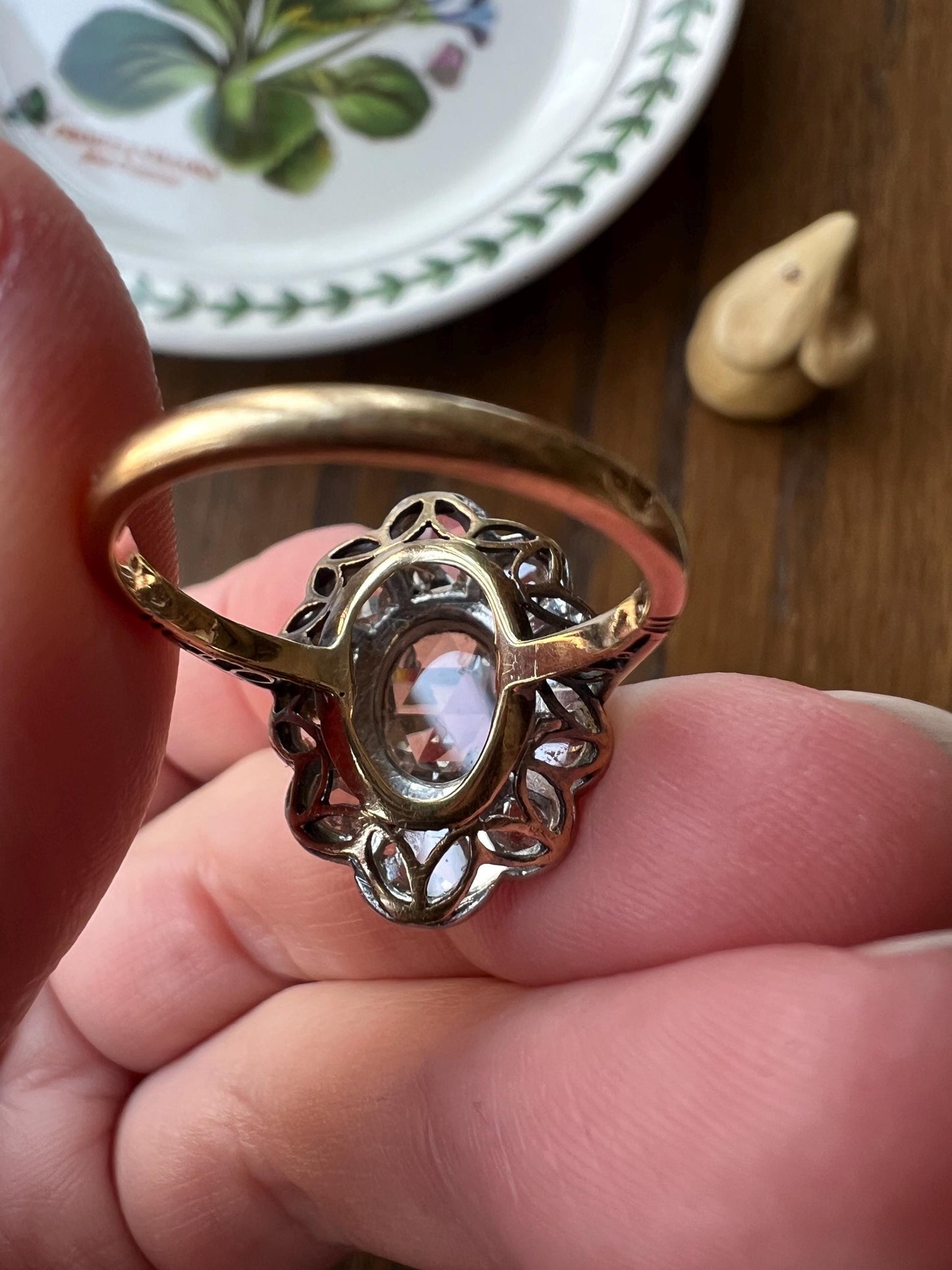 XL French Antique Open Back Oval Rose Cut DIAMOND Clear Disco Daisy Cluster Ring French Victorian 18k Gold Platinum Stacker Romantic Gift