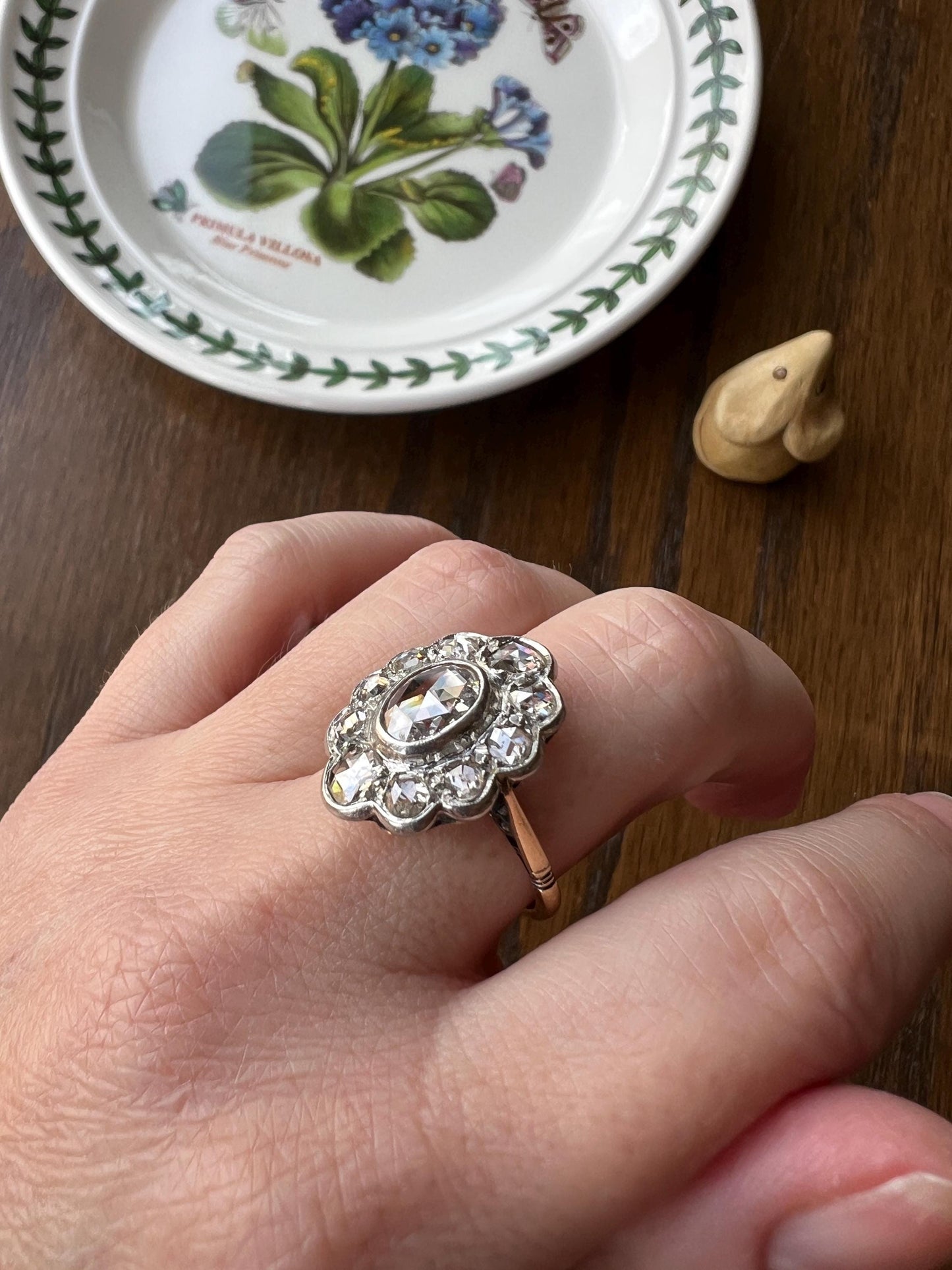 XL French Antique Open Back Oval Rose Cut DIAMOND Clear Disco Daisy Cluster Ring French Victorian 18k Gold Platinum Stacker Romantic Gift