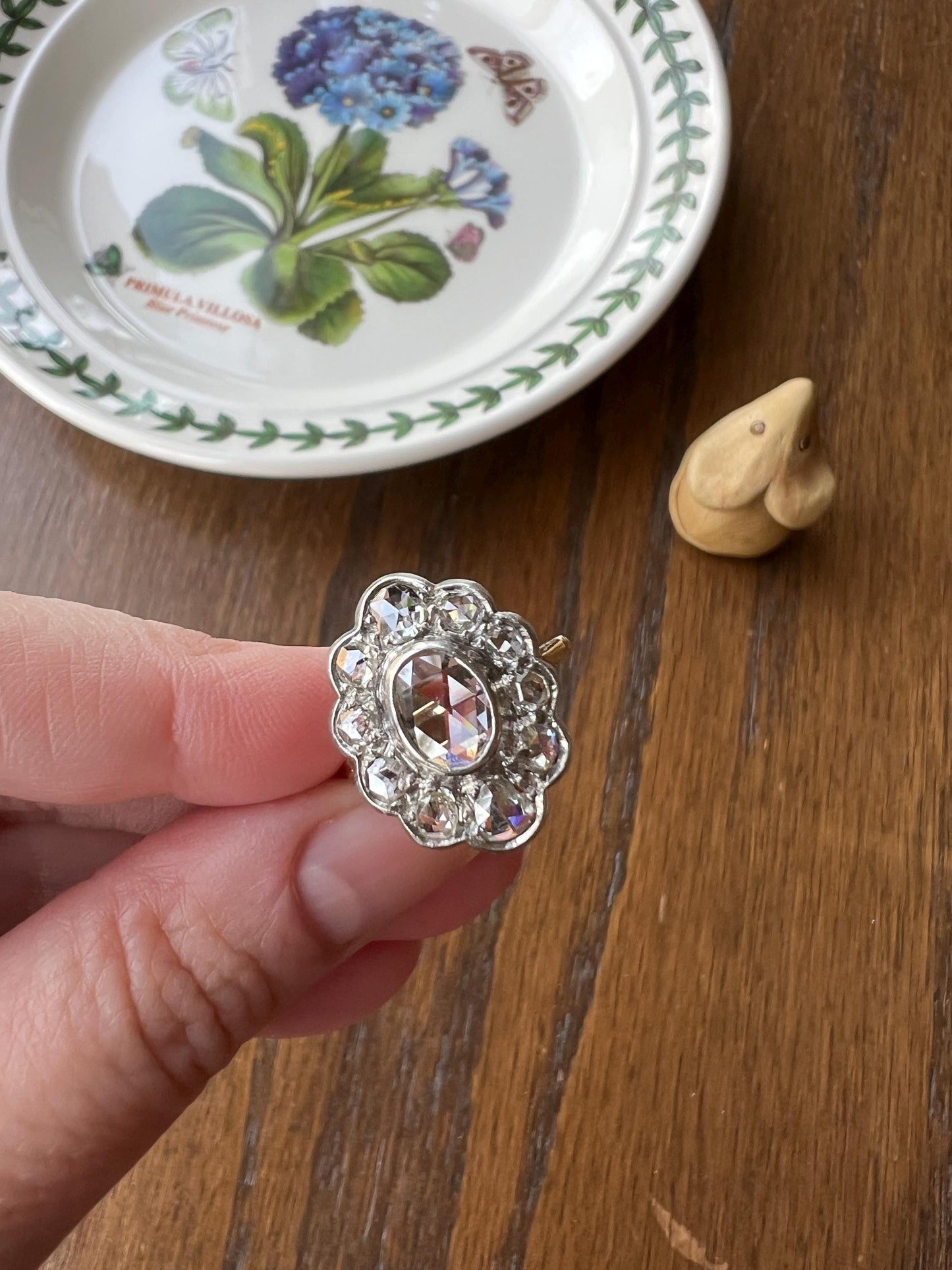 XL French Antique Open Back Oval Rose Cut DIAMOND Clear Disco Daisy Cluster Ring French Victorian 18k Gold Platinum Stacker Romantic Gift