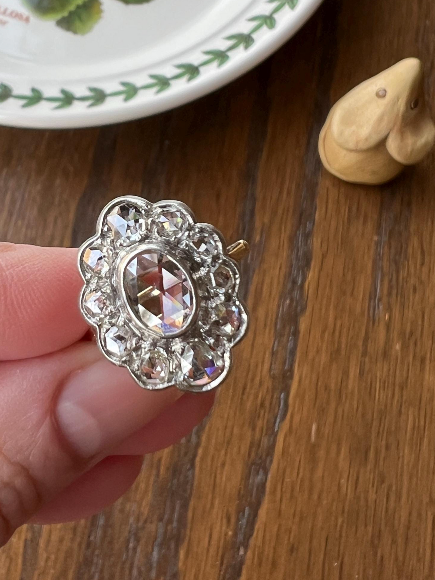 XL French Antique Open Back Oval Rose Cut DIAMOND Clear Disco Daisy Cluster Ring Victorian 18k Gold Platinum