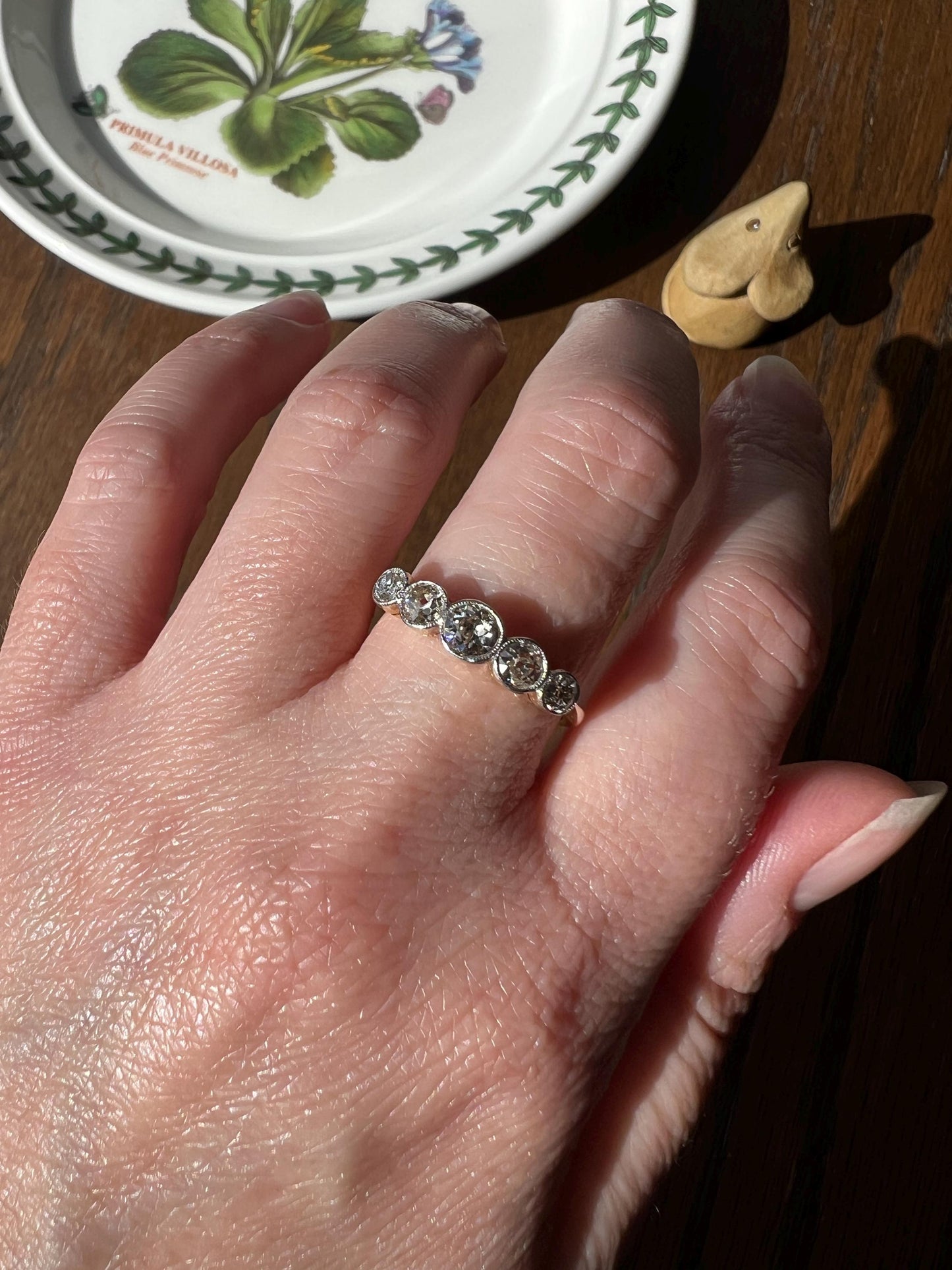 Antique One Carat Champagne White Old Mine Cut DIAMOND 18k Gold Platinum Five Stone Ring Bezel Set Band Romantic Gift Stacker Warm 1Ctw OMC