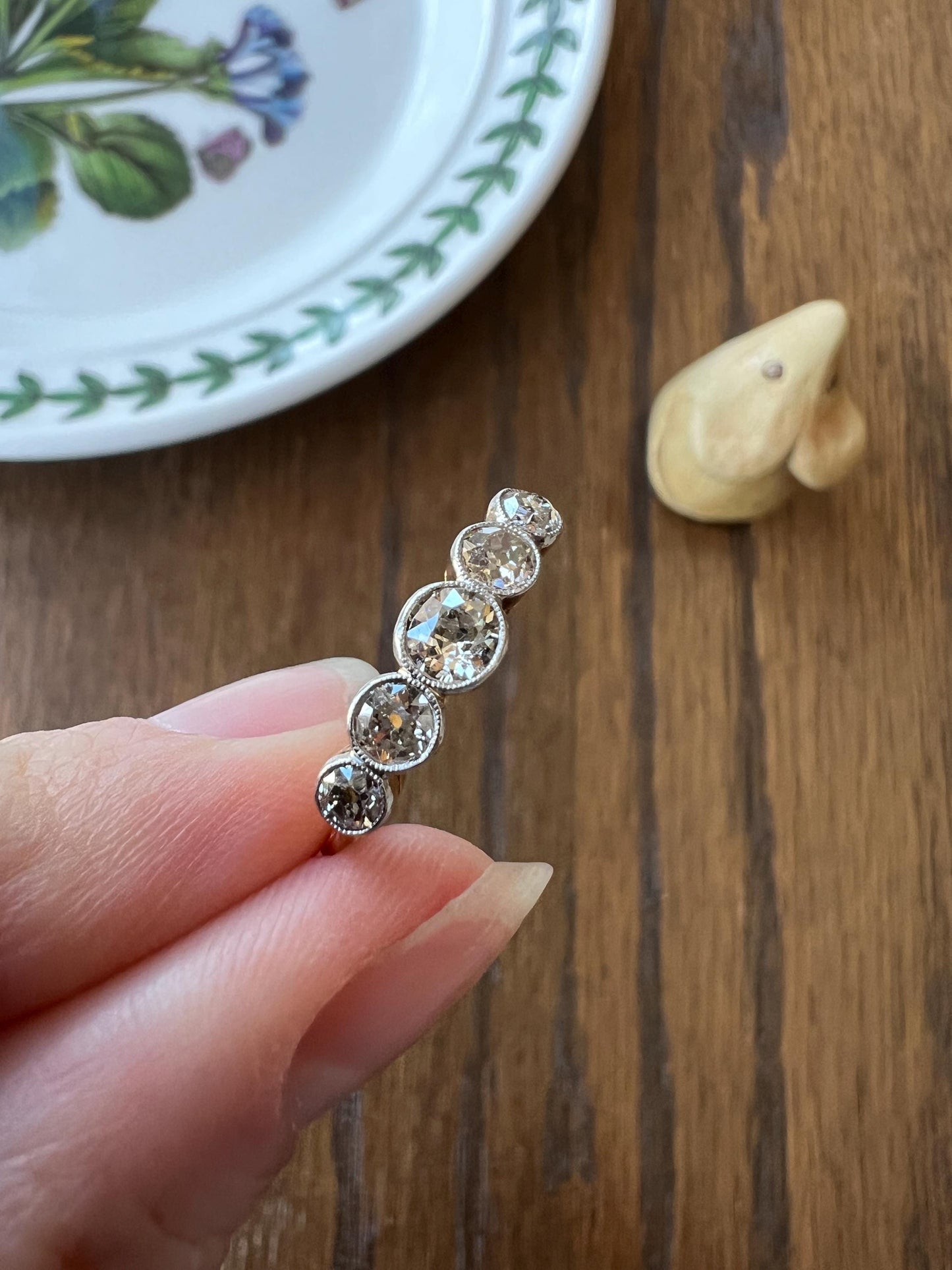 Antique One Carat Champagne White Old Mine Cut DIAMOND 18k Gold Platinum Five Stone Ring Bezel Set Band Romantic Gift Stacker Warm 1Ctw OMC