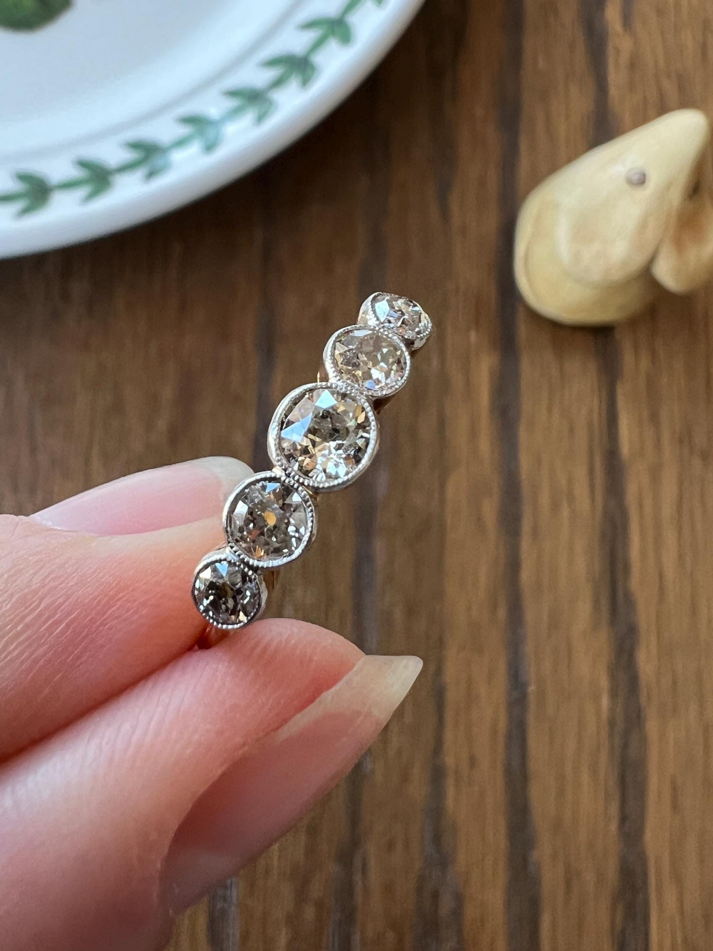 Antique One Carat Champagne White Old Mine Cut DIAMOND 18k Gold Platinum Five Stone Ring Bezel Set Band