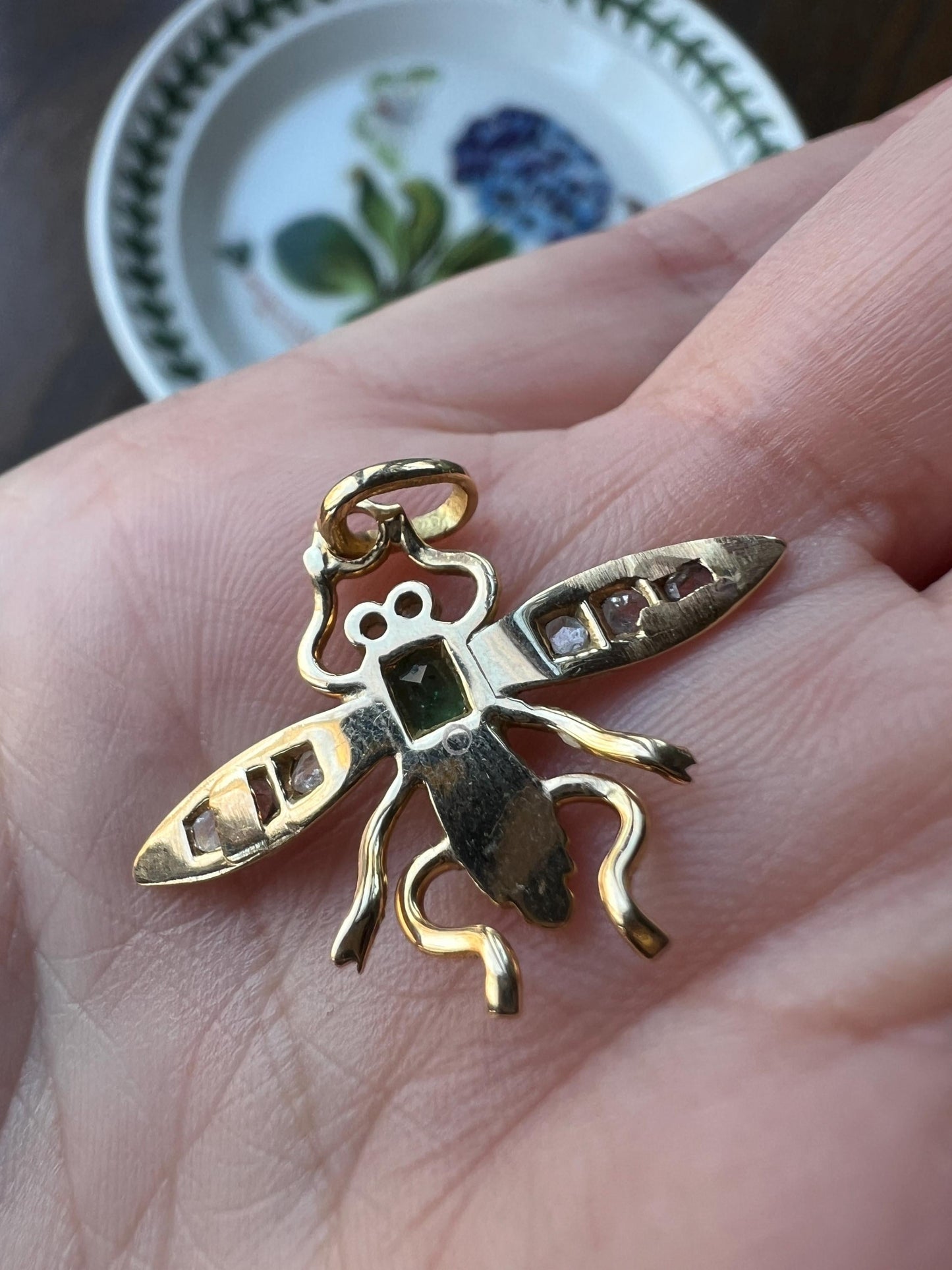 BUG Fly Bumblebee Bee French Antique Victorian Figural Pendant Emerald Rose Cut DIAMOND 18k Gold Silver Figural Wings Green Belle Epoque