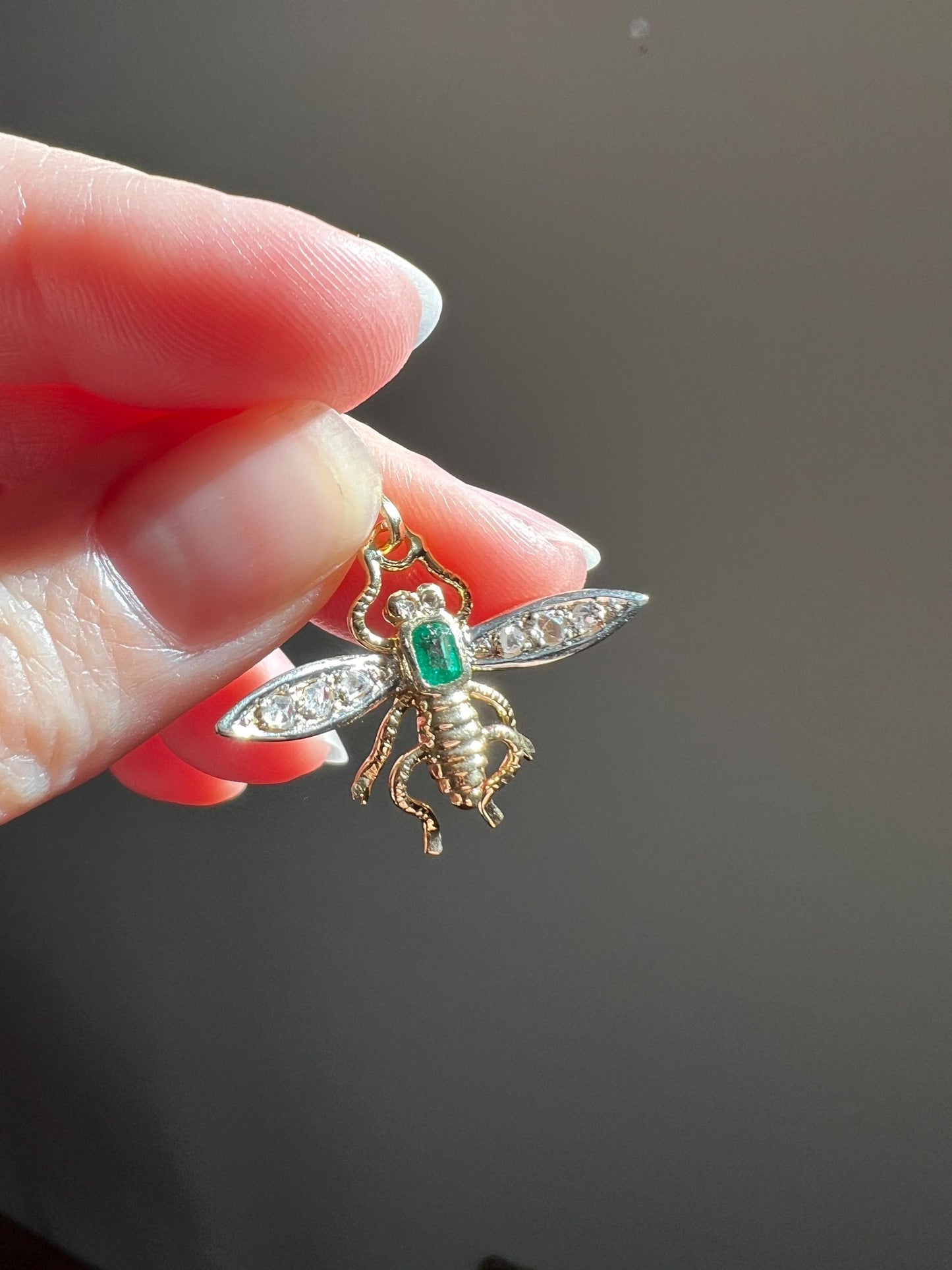 BUG Fly Bumblebee Bee French Antique Victorian Figural Pendant Emerald Rose Cut DIAMOND 18k Gold Silver Figural Wings Green Belle Epoque