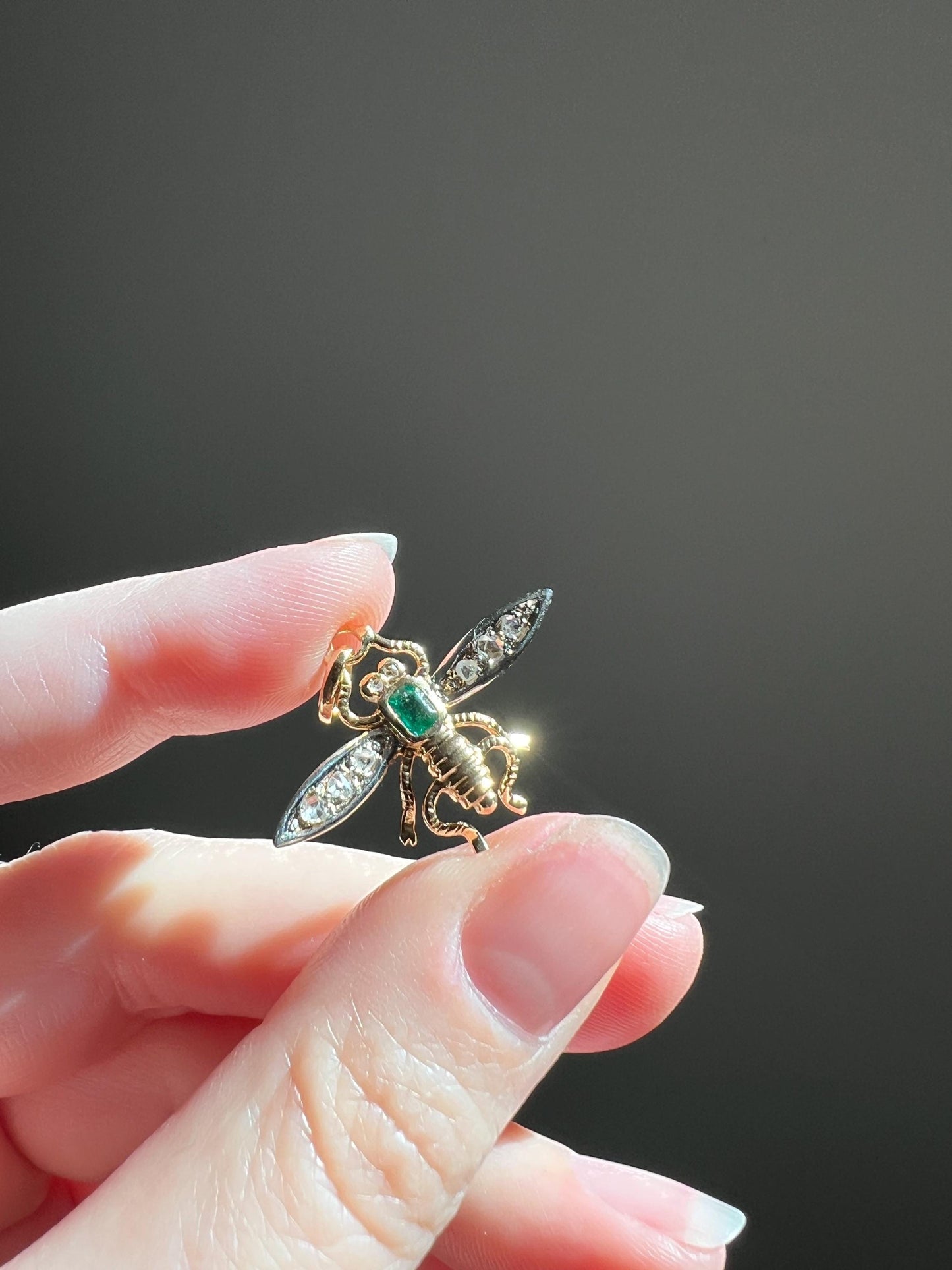 BUG Fly Bumblebee Bee French Antique Victorian Figural Pendant Emerald Rose Cut DIAMOND 18k Gold Silver Figural Wings Green Belle Epoque