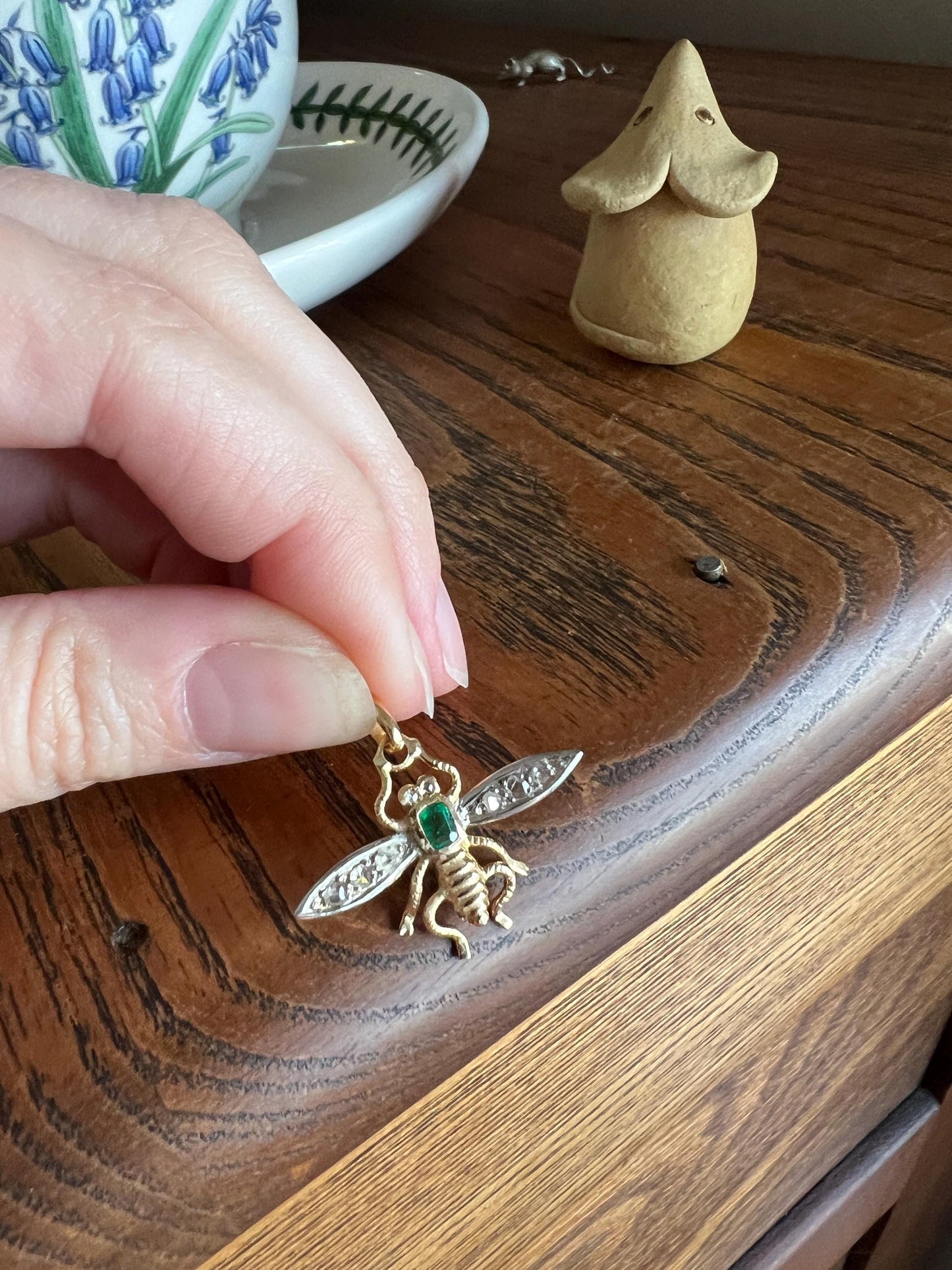 BUG Fly Bumblebee Bee French Antique Victorian Figural Pendant Emerald Rose Cut DIAMOND 18k Gold Silver Figural Wings Green Belle Epoque