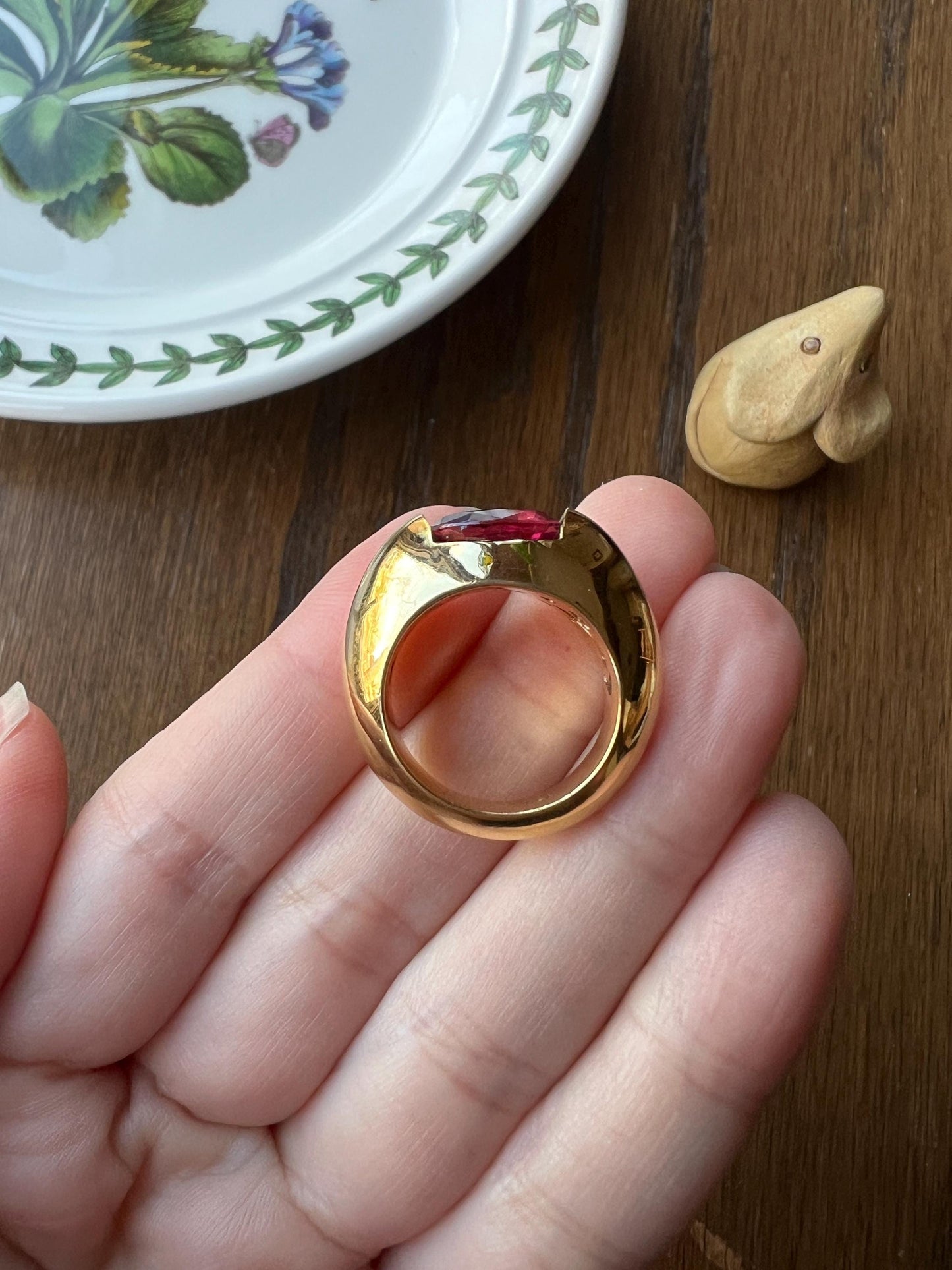 MEGA Natural Pink TOURMALINE Knife Edge Domed Bombe Ring Band French Vintage HEAVY 13.6g 18k Gold Retro Statement Stacker Chunky Funky Oval