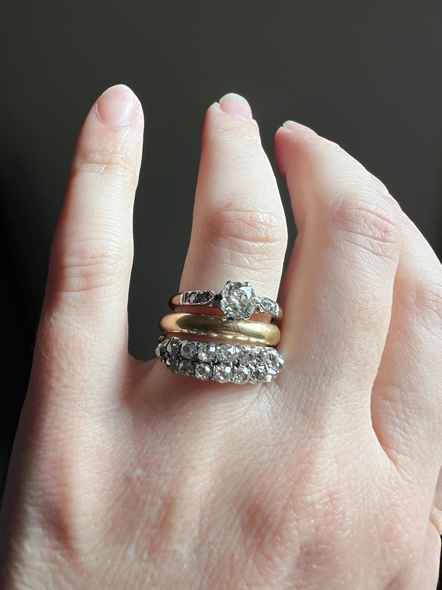Antique 1.25 Carat Chunky Old Mine Cut DIAMOND Victorian 14k Gold Silver Double Row Ring Collet Set Band Romantic Gift Stacker 1.25ctw OMC